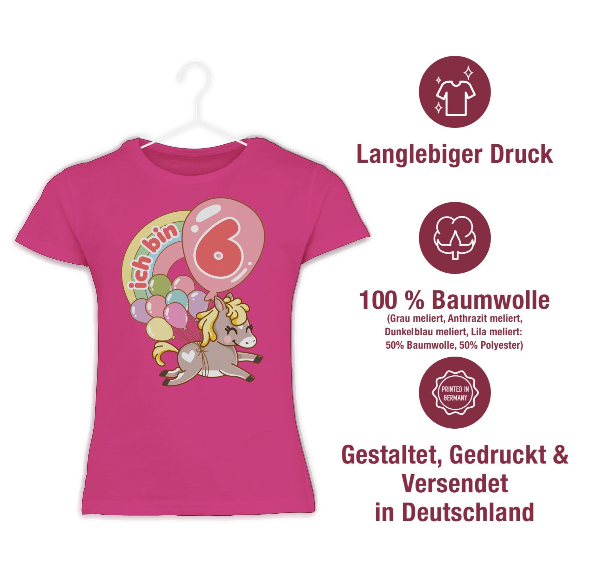 - Geburtstag Pferd T-Shirt 6. sechs mit bin Luftballons Shirtracer Ich 1 Fuchsia