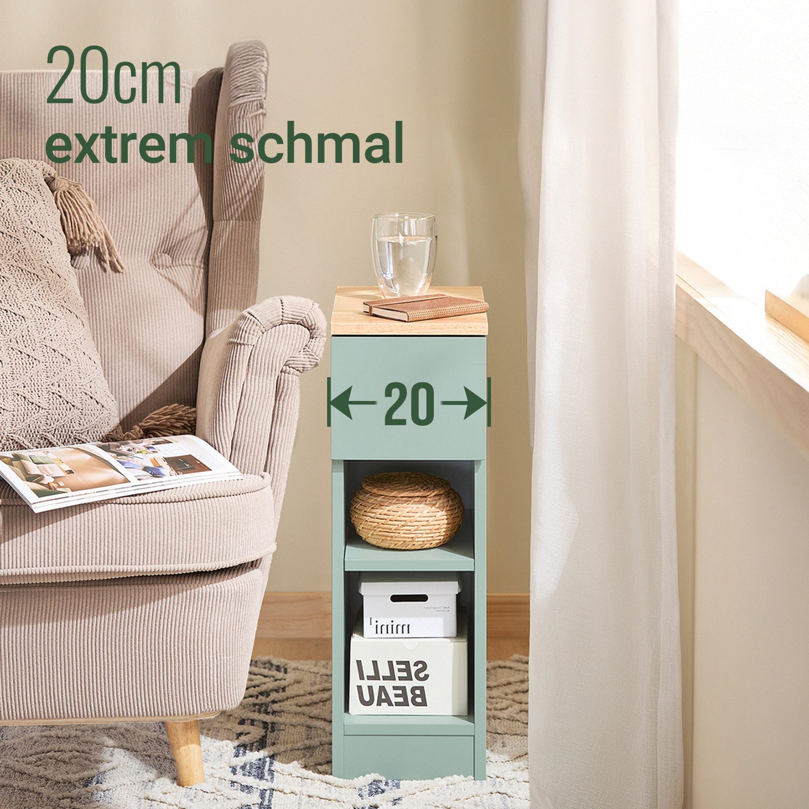 SoBuy Nachttisch FBT111, Nachtschrank kleiner Beistelltisch 20cm Breite, Nightstand, Nachttisch schmal, mit Schublade, Schlafzimmer Wohnzimmer kleine Räume – Bild 4 von 5