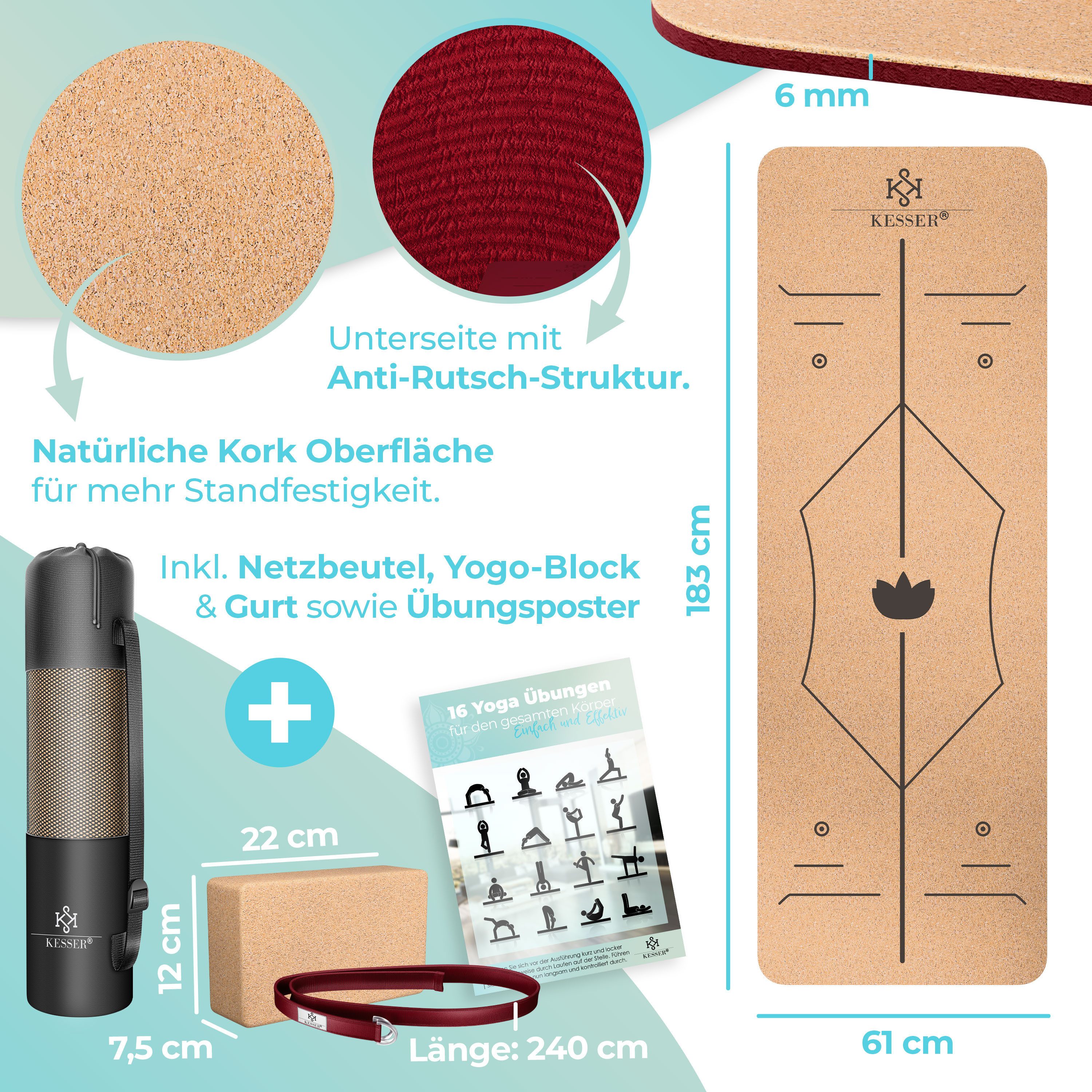 KESSER Yogamatte, Fitnessmatte Kork mit Tragegurt & Tasche Gymnastikmatte Trainingsmatte