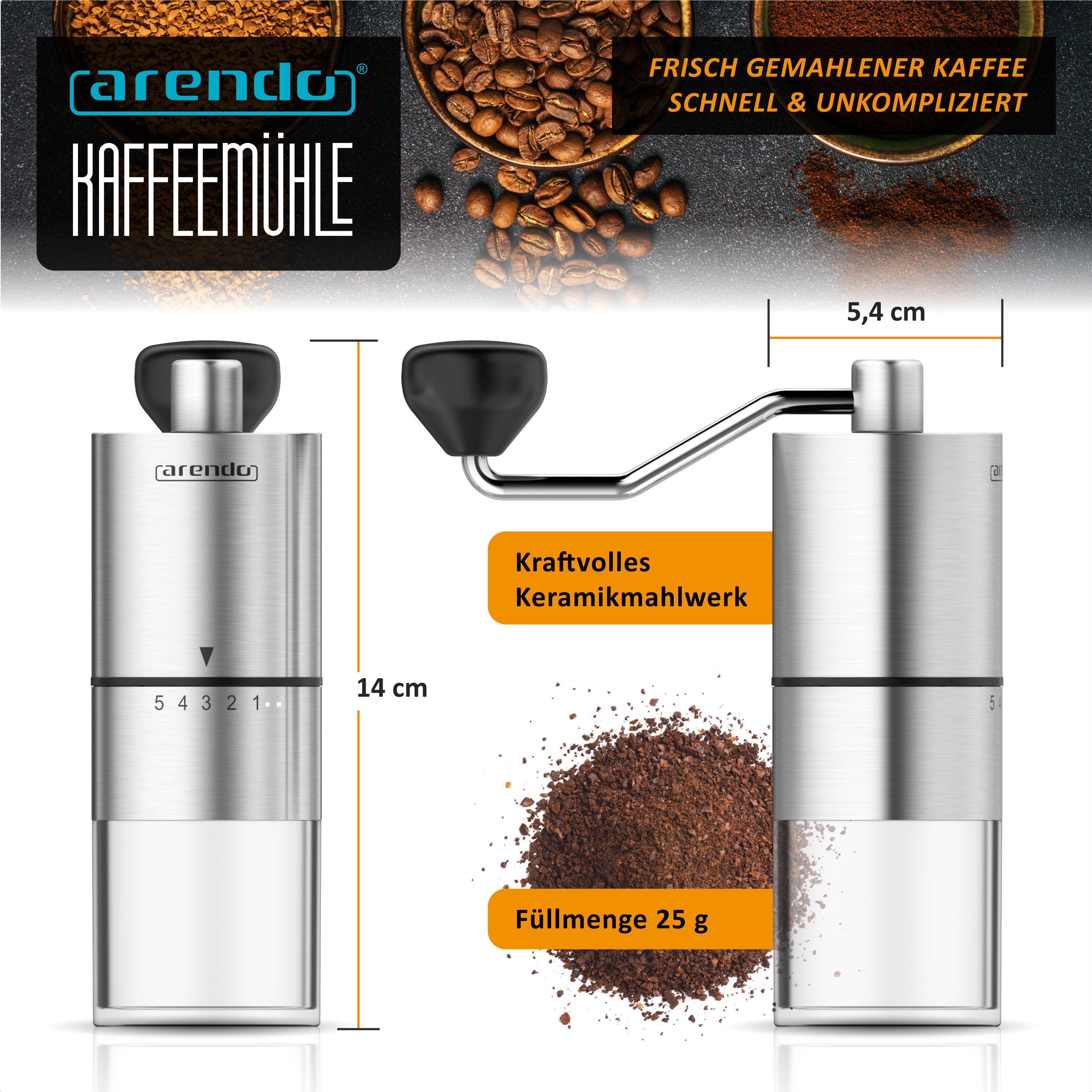 Arendo Kaffeemühle Manuelle Handmühle mit Keramik Kegelmahlwerk, 25g Bohnenbehälter, Kegelmahlwerk, 25 g Bohnenbehälter, Edelstahl, 5 Mahlgradstufen, kompakt, für Zuhause & unterwegs, Camping