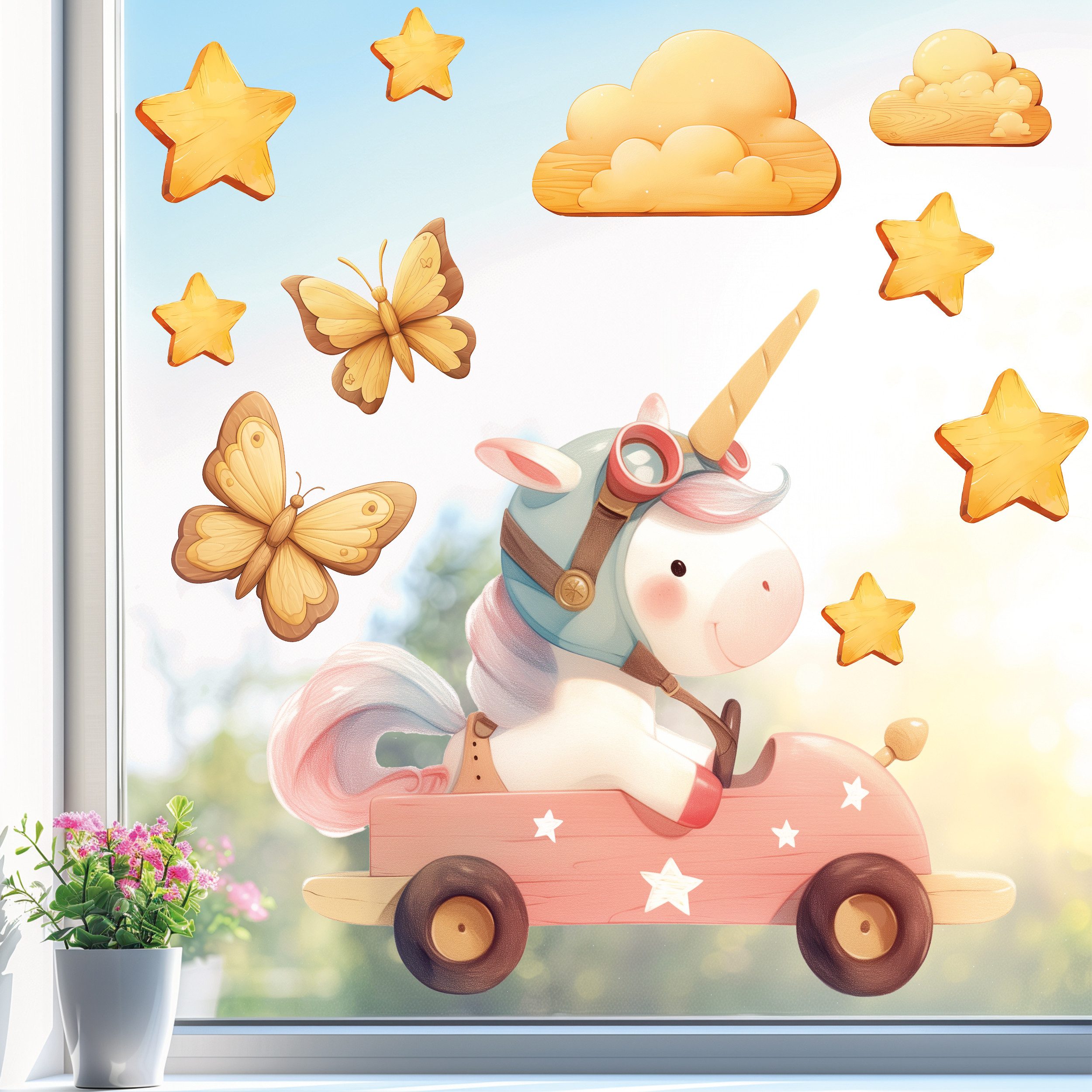 Sunnywall Fensterbild wiederverwendbares Fensterbild Einhorn in Rennauto in Holz-Optik, wiederverwendbar, statisch haftend, beidseitiger Druck