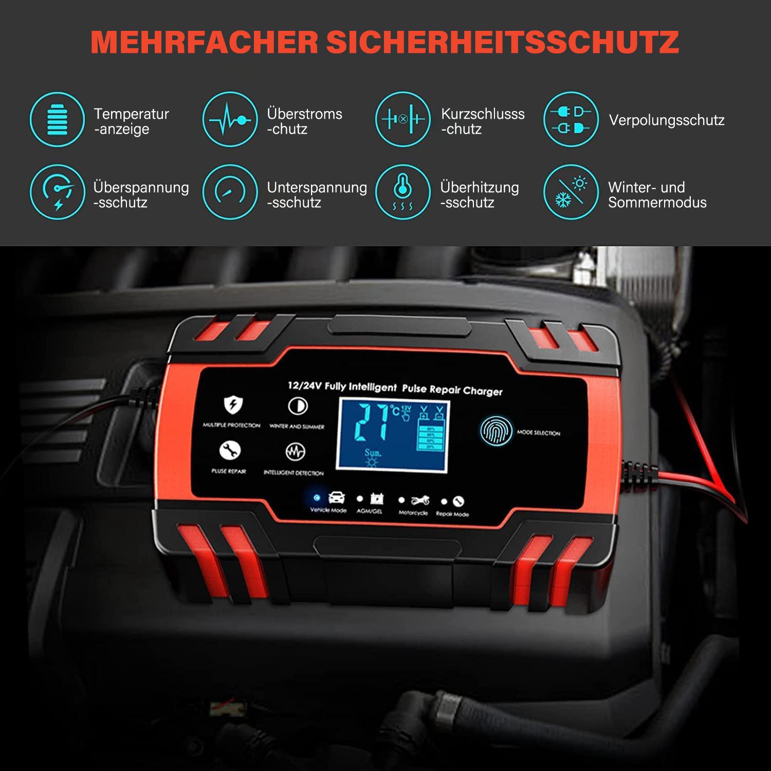 MOPUEA 8-A Intelligent Battery Charger, 12V/24V Car Battery Charger (with trickle charge, fully automatic desulfator, with temperature compensation for cars, trucks, lawnmowers)