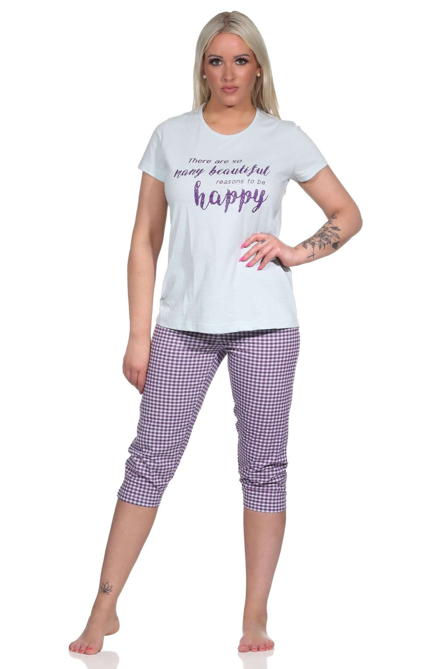 Normann Schlafanzug mit Damen Pyjama Karo-Hose Capri hellblau Pyjama, und Schriftzug