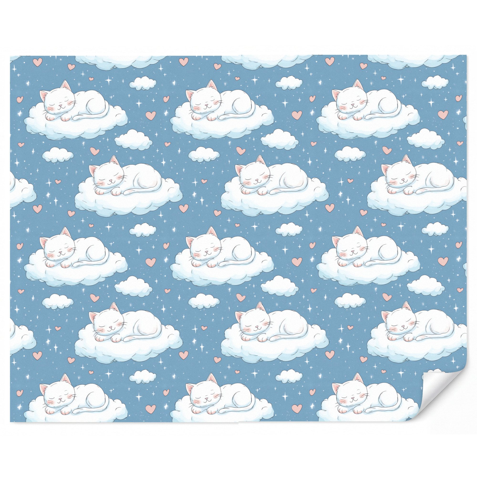 OnlyWow Fototapete Kinderzimmer - Kätzchen - Wolken - Blau, Matt, bedruckt, Wandtapete, Wohnzimmer, Vinyl Tapete 260x220cm