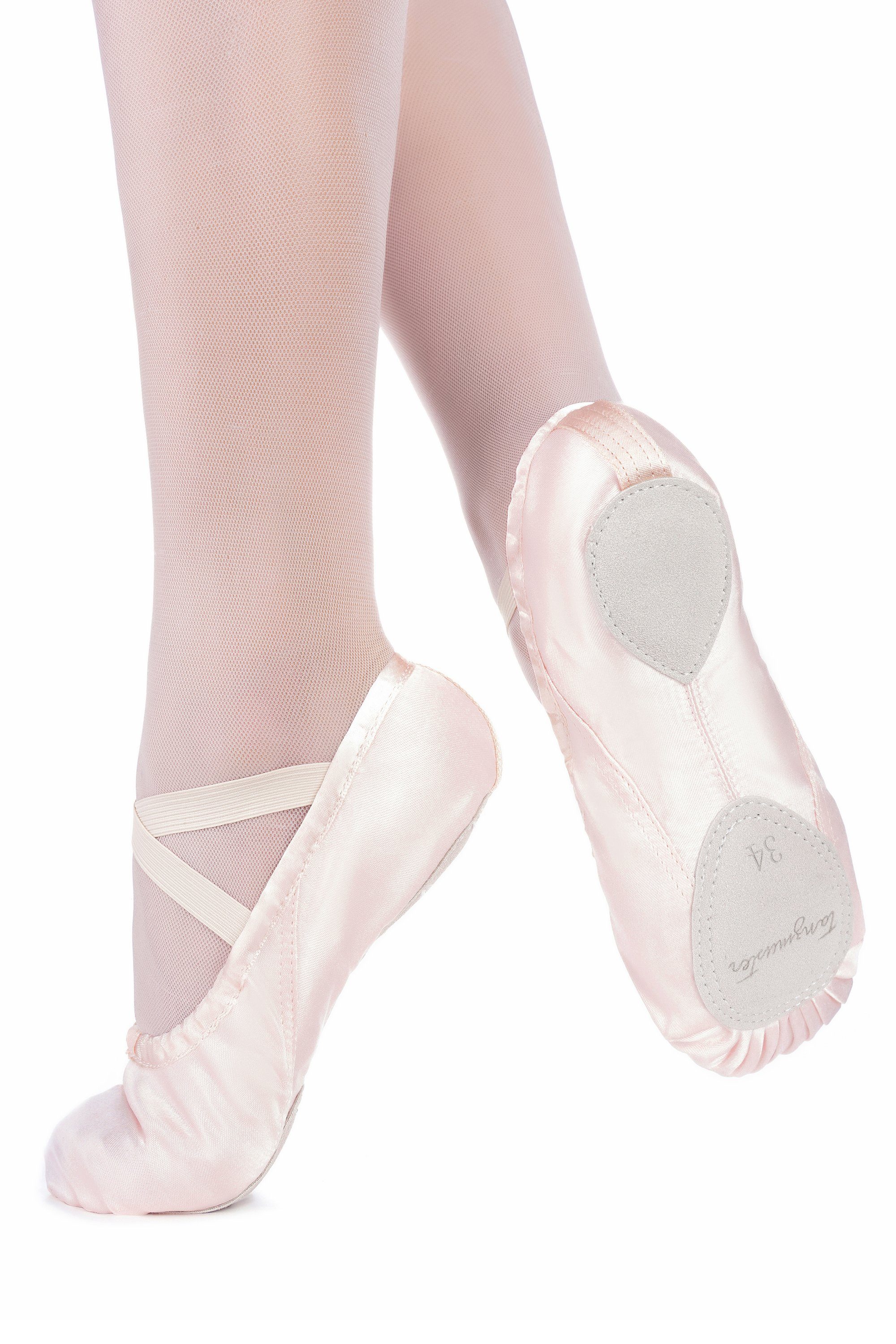 tanzmuster Ballettschuhe Sammy aus Satin Tanzschuh Ballettschläppchen geteilter mit für rosa Ledersohle Mädchen