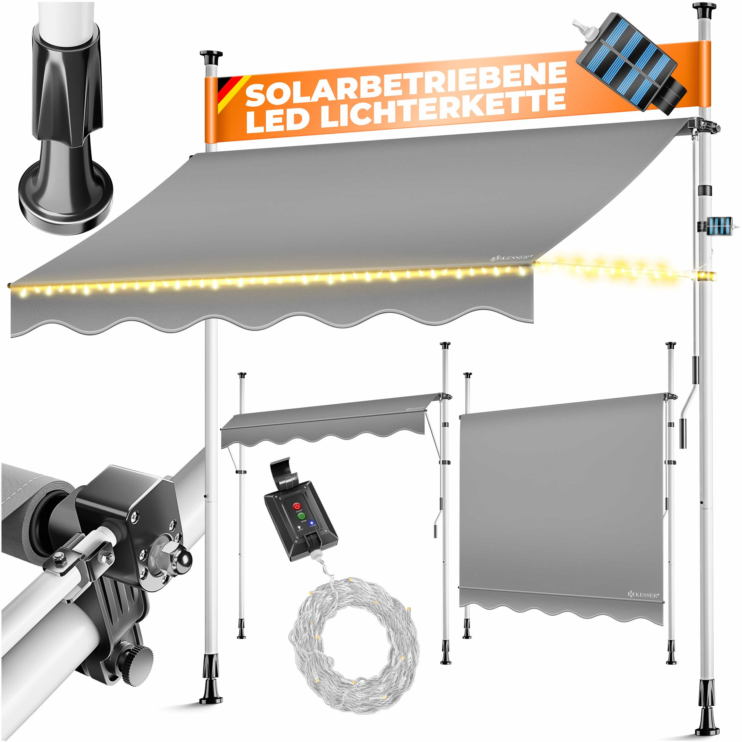 KESSER Klemmmarkise mit Handkurbel & LED, 150x180cm Balkonmarkise ohne Bohren UV-Beständig (Markise + solarbetriebene LED Lichterkette, höhenverstellbar 176-305cm) Sicht- & Sonnenschutz für Balkon Terrasse & Garten, wasserabweisend
