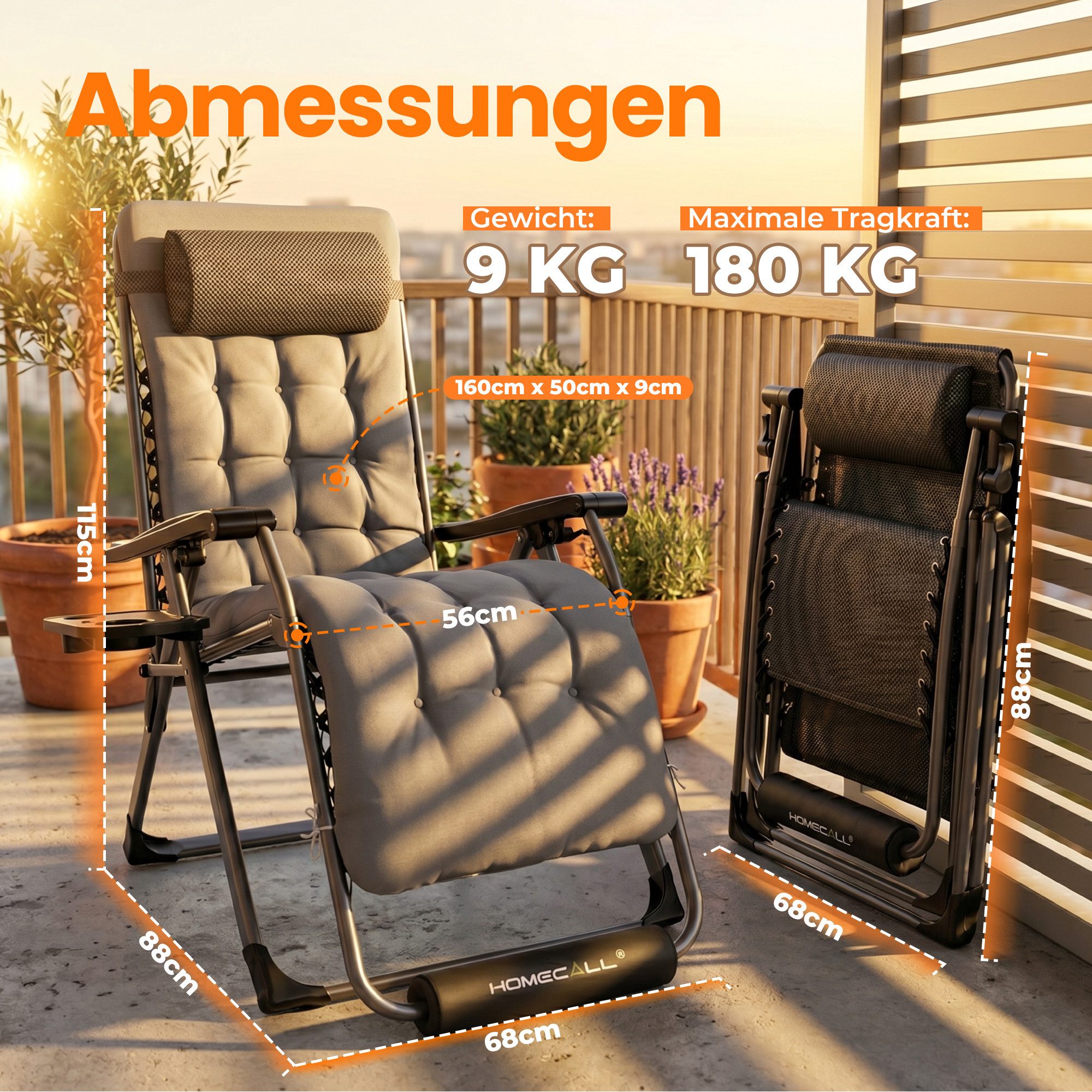 HOMECALL Gartenliege Sonnenliege Klappbar, Liegestuhl mit Weiches Kissen,groß Campingstuhl, XXL Extra breiter Zero Gravity Stuhl, 2 St., bis 180 KG, für Garten Terrasse Balkon