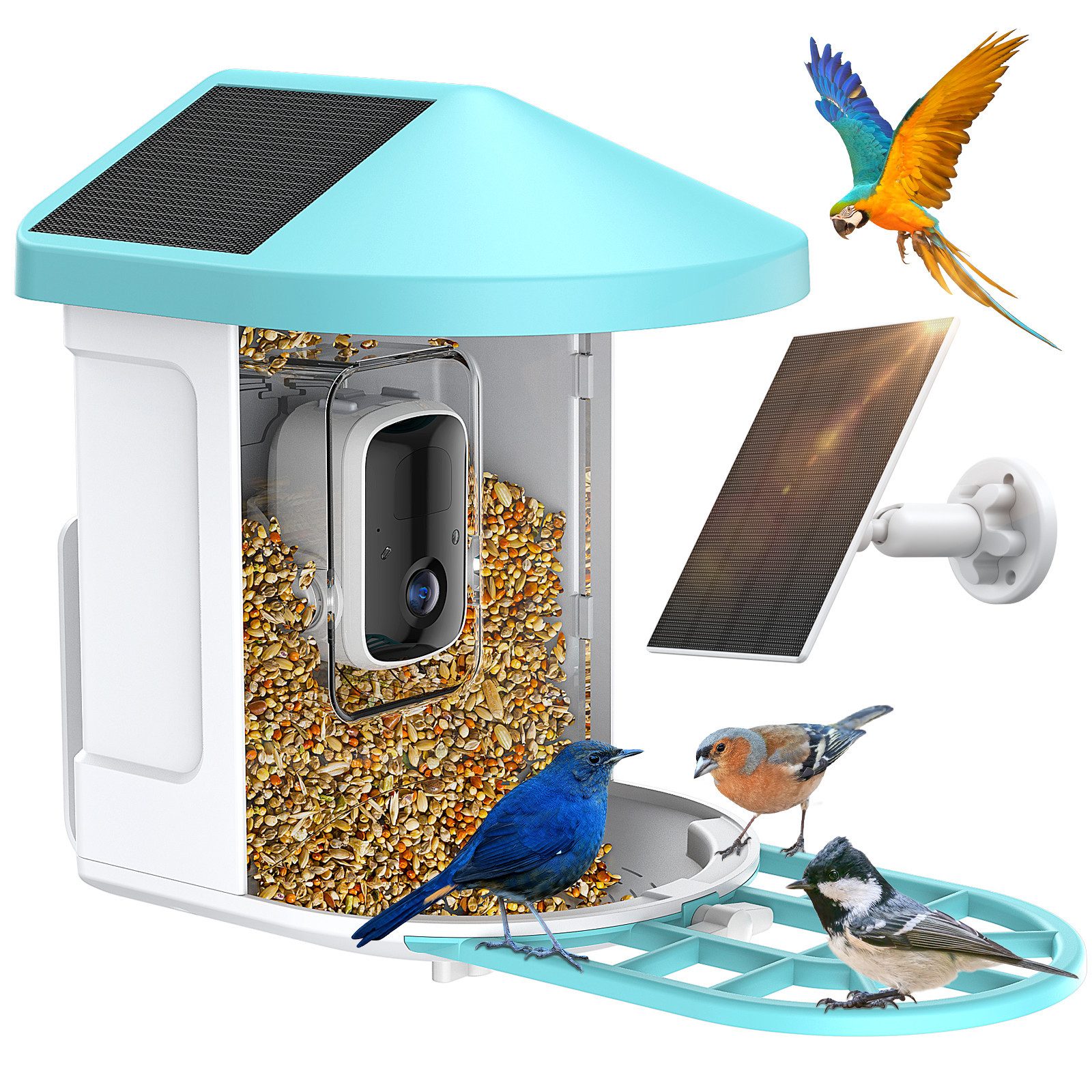 EKASN Vogelhaus Intelligentes Vogel-Futterspender mit Kamera, 1080P/3 Solarpaneele, 7.4W superstark/Infrarot-Nachtsicht/automatische Videoaufnahme 128 GB