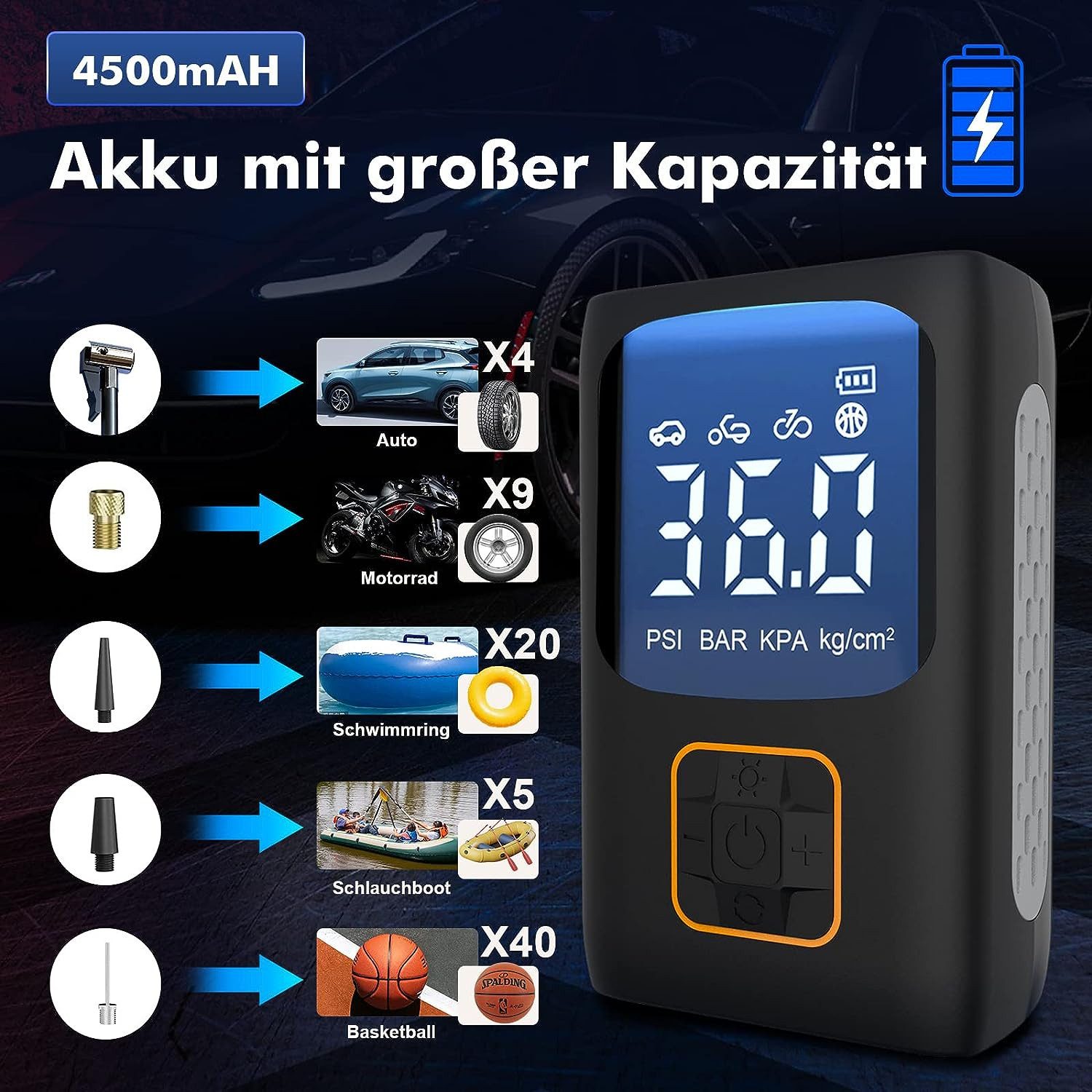 DOPWii Akku-Luftpumpe Luftpumpe Kompressor-Reifenfüller mit LCD-Display,mit 3 Düsenadaptern (1-tlg), Inflator für Autoreifen, Motorrad, Fahrrad, Basketball