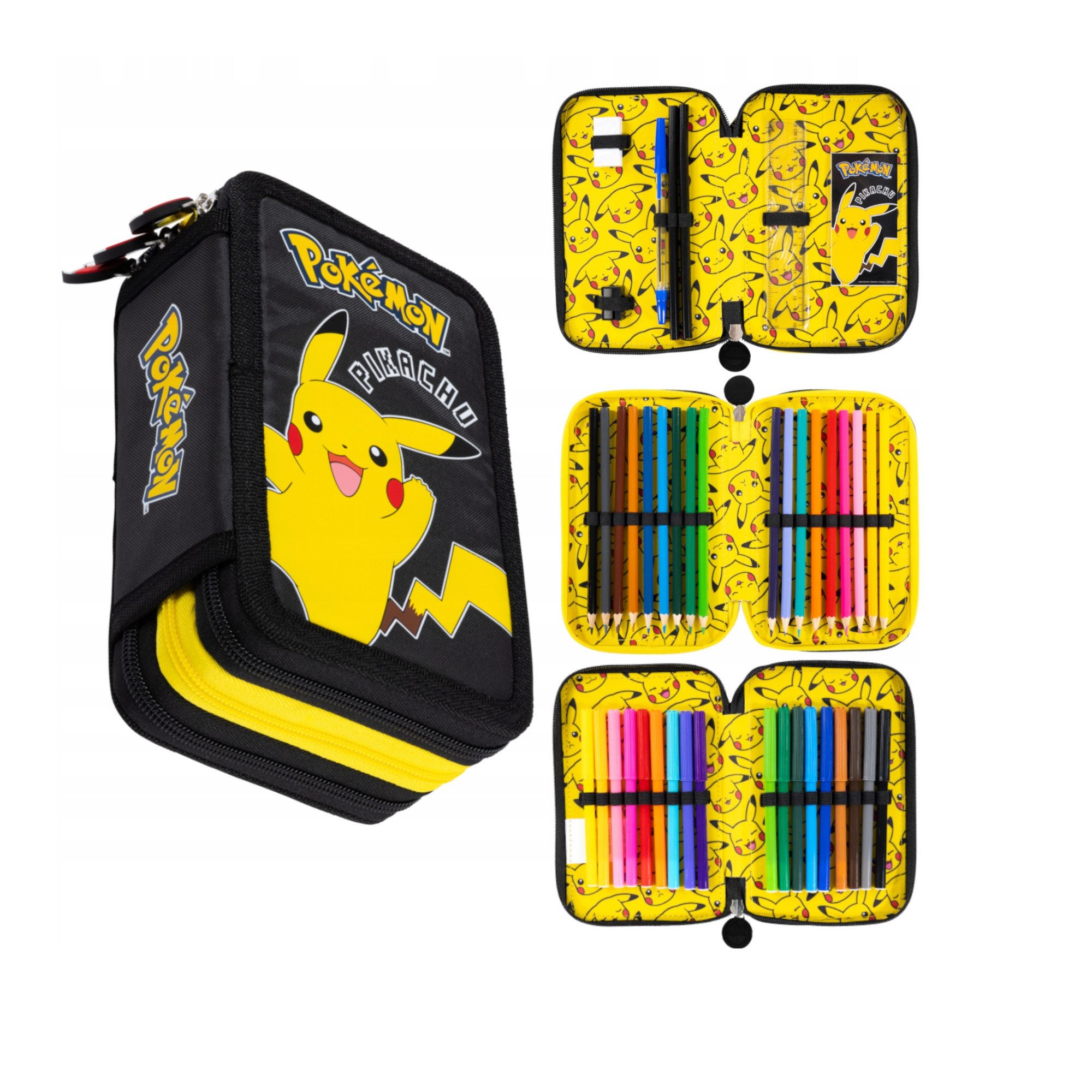 GOLDKIDS Federmäppchen 3 Fächer - Mäppchen für Mädchen und Jungen -, (Federmappe 3-Fach Federtasche, 1-tlg., Gefüllte Schüleretui Schulmäppchen und Hausaufgabenheft), - Pokemon Motiv