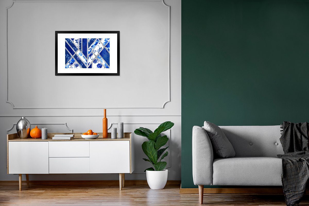 MuchoWow Poster Design - Delfter Gerahmtes Bilderrahmen mit Kunstdruck, Luxus, Poster, Schwarzem Blau (1 St), Rahmen, 
