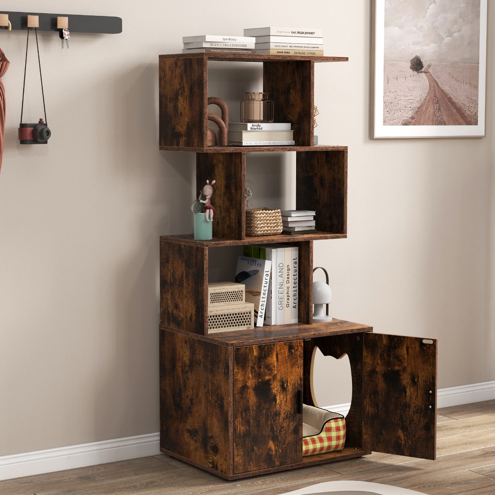COSTWAY Tierhaus, Katzenschrank mit Bücherregal, Katzenklo günstig online kaufen