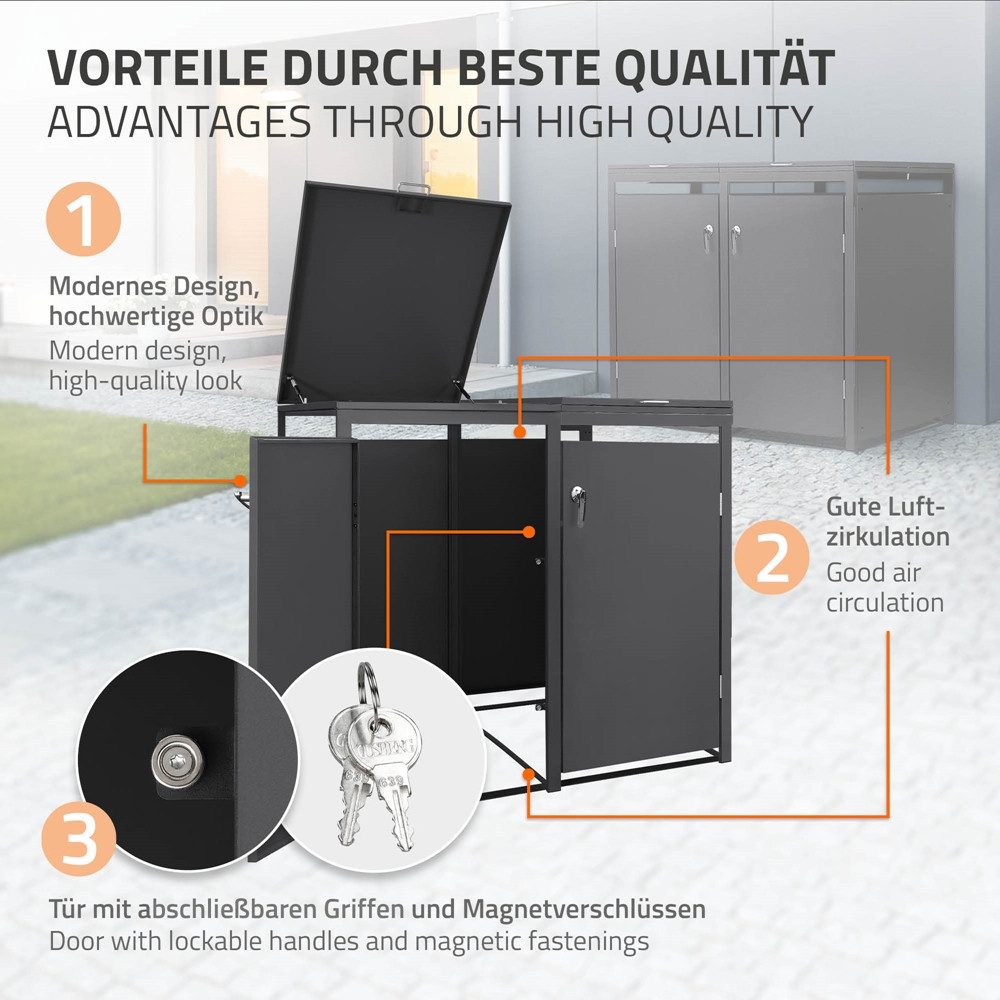 ML-DESIGN Mülltonnenbox Müllbox aus Stahl wetterfeste Mülltonnen Verkleidung Mülltonnengarage, Mülltonnencontainer mit Klappdeckel/Tür für 2 Tonne 120 oder 240 Liter