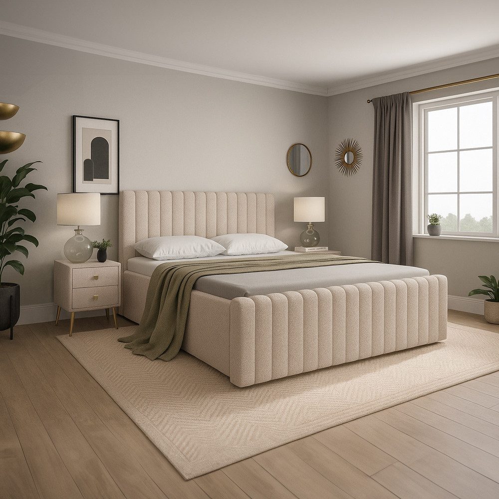 Lomadox Polsterbett BERNALDA-166, 180x200 cm Beige, mit 2 Nachttischen, modernes Design & edle Steppung