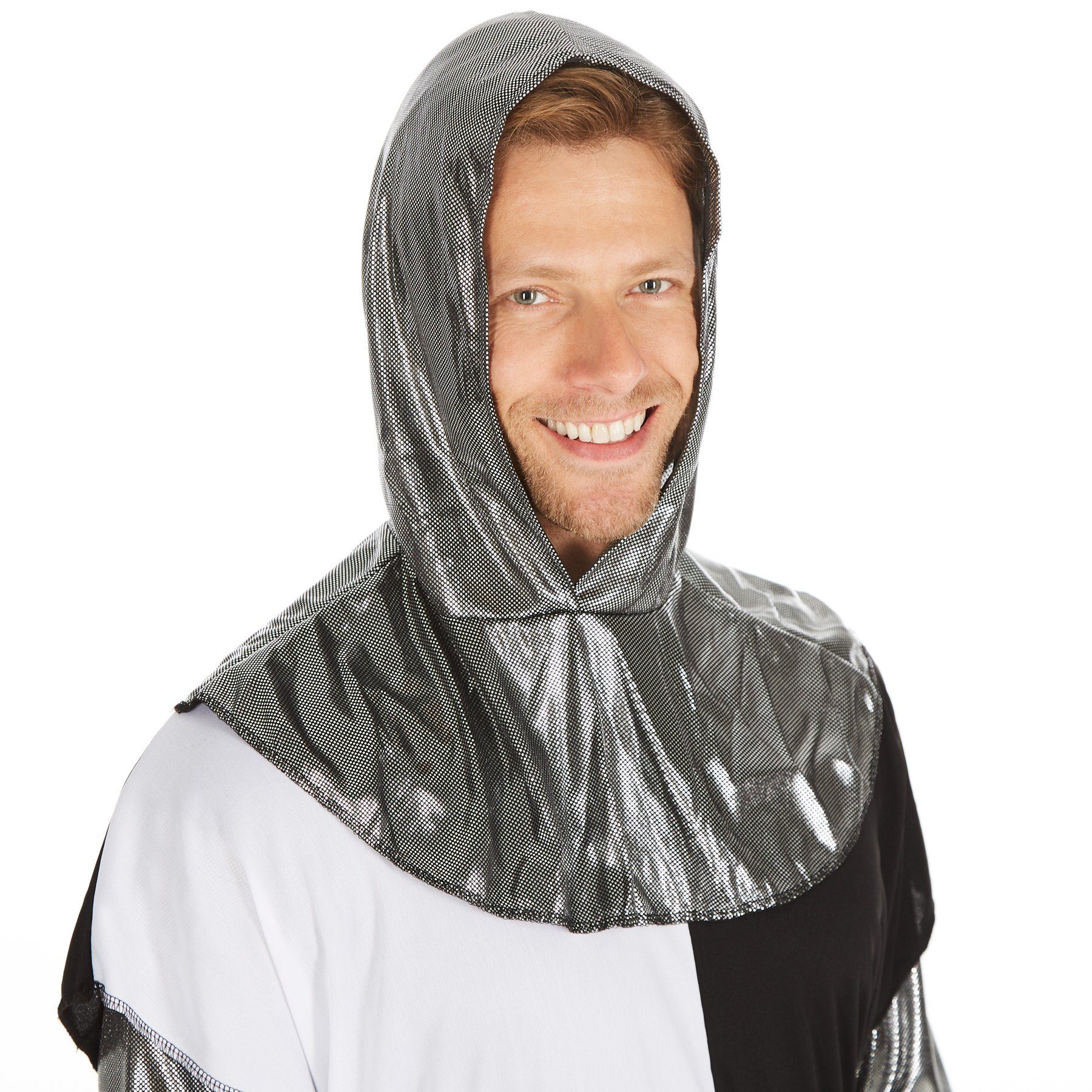 dressforfun Kostüm Edelmann/Kavalier, Gr. L, Langarmshirt mit Ärmeln in Metalloptik, in schwarz/grau/weiß, Kapuzen-Cape in Metalloptik und ein Gürtel