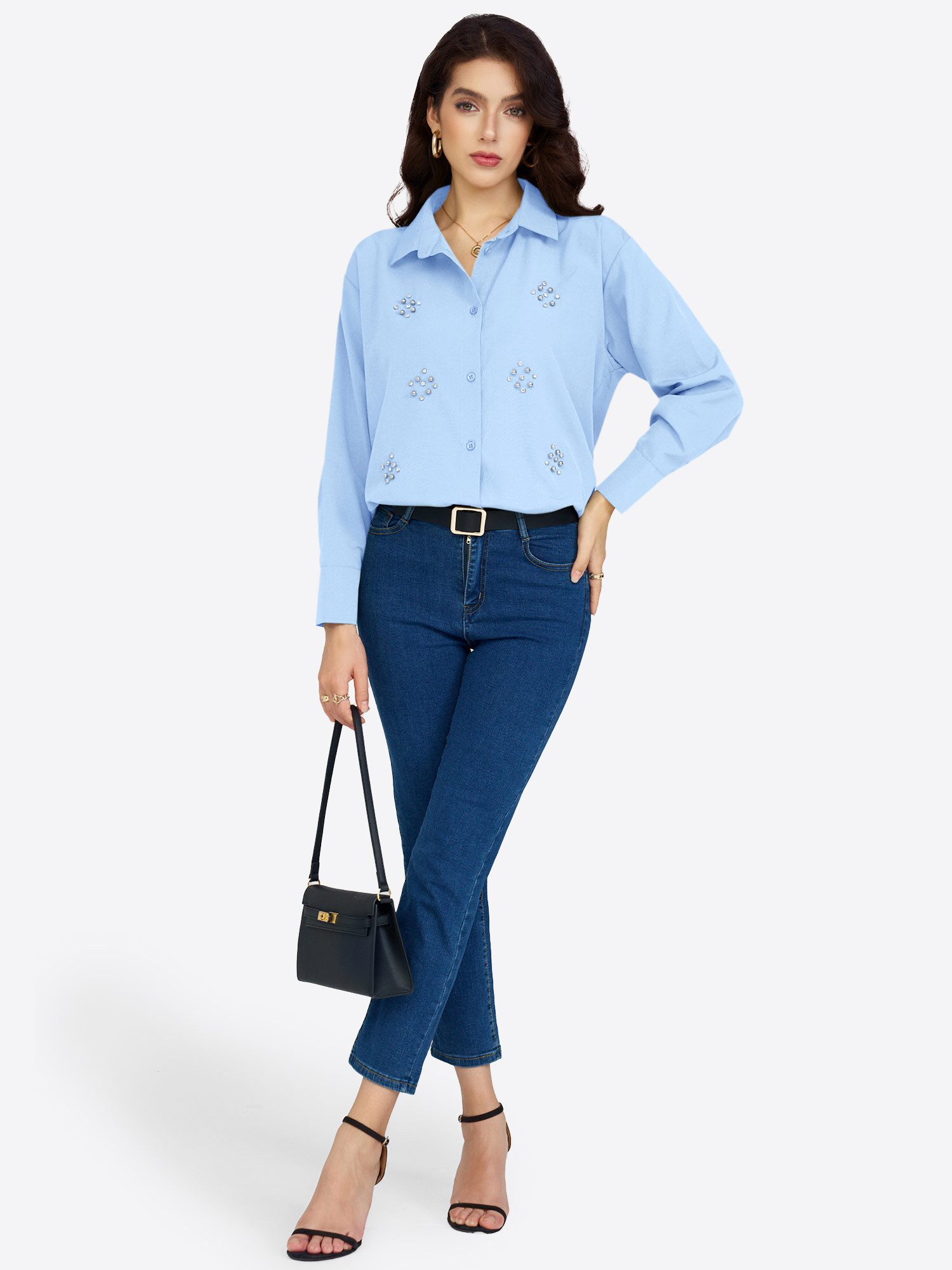 Imily Bela Blusentop Damen Langarm Bluse mit klassischem Kragen (Packung, 1-tlg., 1per-Pack) in Unifarbe