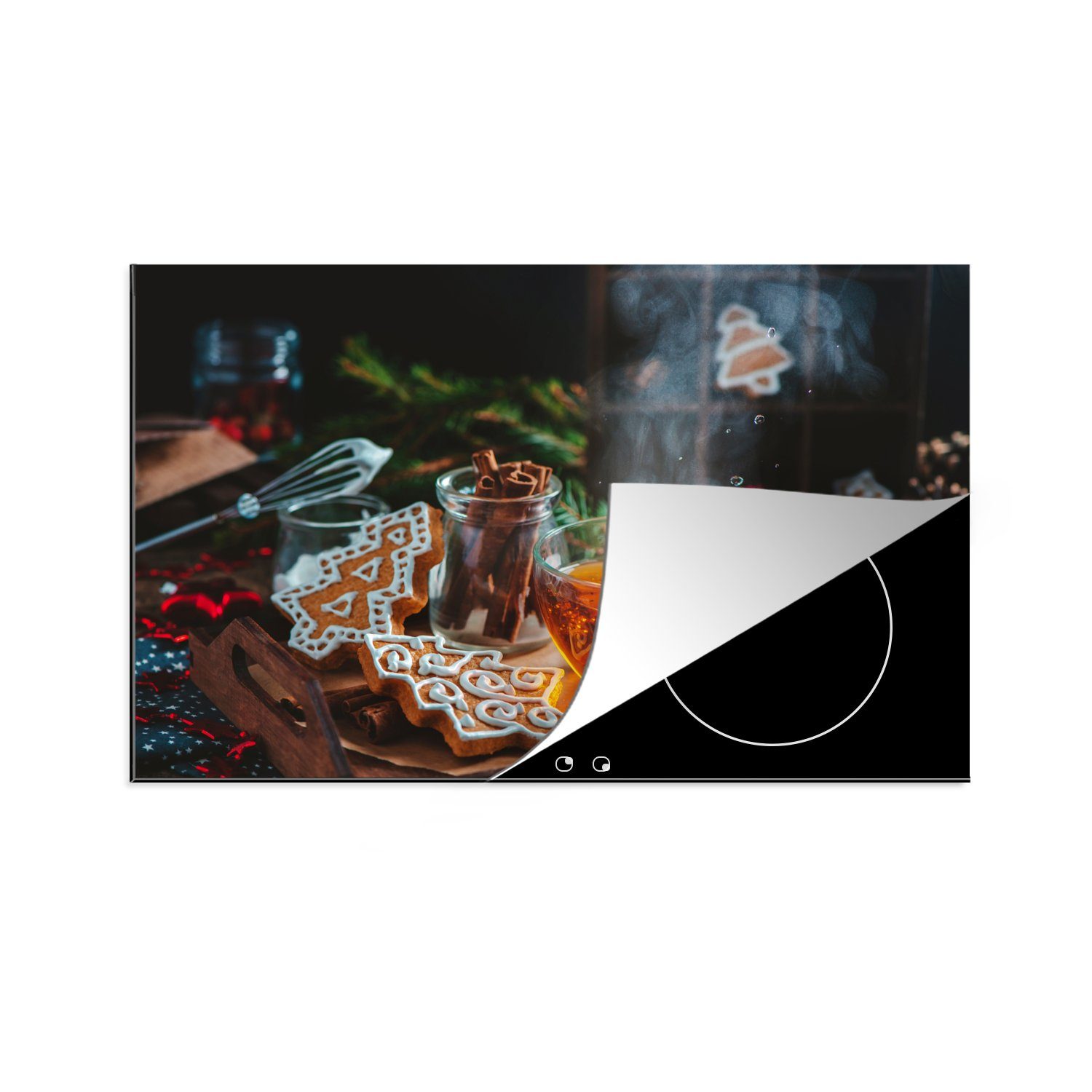 MuchoWow Herdblende-/Abdeckplatte Holztablett mit Tee und Weihnachtsgebäck, Vinyl, (1 tlg), 81x52 cm, Induktionskochfeld Schutz für die küche, Ceranfeldabdeckung