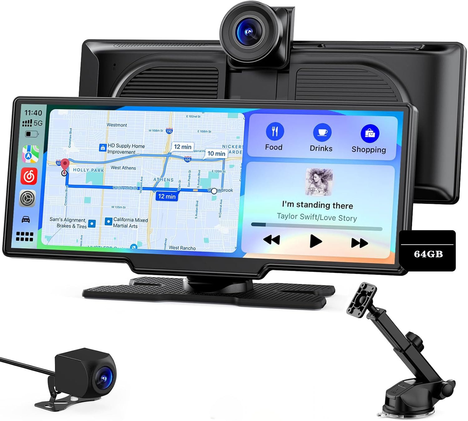 COOAU Dashcam Auto, Autokamera,Kamera Carplay mit GPS Navigationsgerät Dashcam (4K Ultra HD, 64 GB Speicherkarte, WLAN(Wi-Fi), Apple carplay, Android Auto, 64 GB Speicherkarte, WLAN(Wi-Fi), Apple carplay, Android Auto, 9.26 Zoll,für Auto LKW PKW,Wohnmobil Auto-Stereo-Touchscreen)