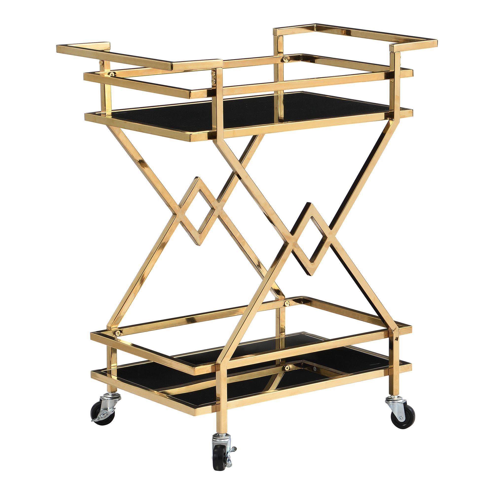 Wohnling Servierwagen Gold Glas Metall 65x80x40 cm Moderner Barwagen mit Rollen, (65x80x40 cm Küchenwagen Glas / Metall Rechteckig), Speisewagen mit Glasplatte, Teewagen auf Rollen