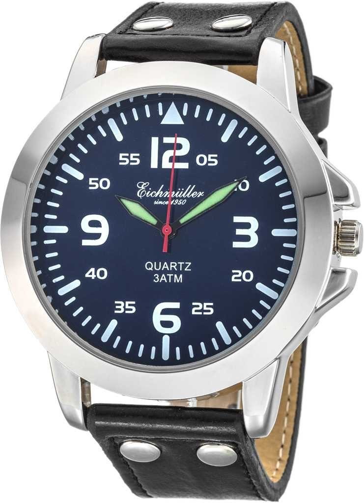 Eichmüller Quarzuhr Herrenuhr RE1011 blau-schwarz Lederband 45 mm | Quarzuhren