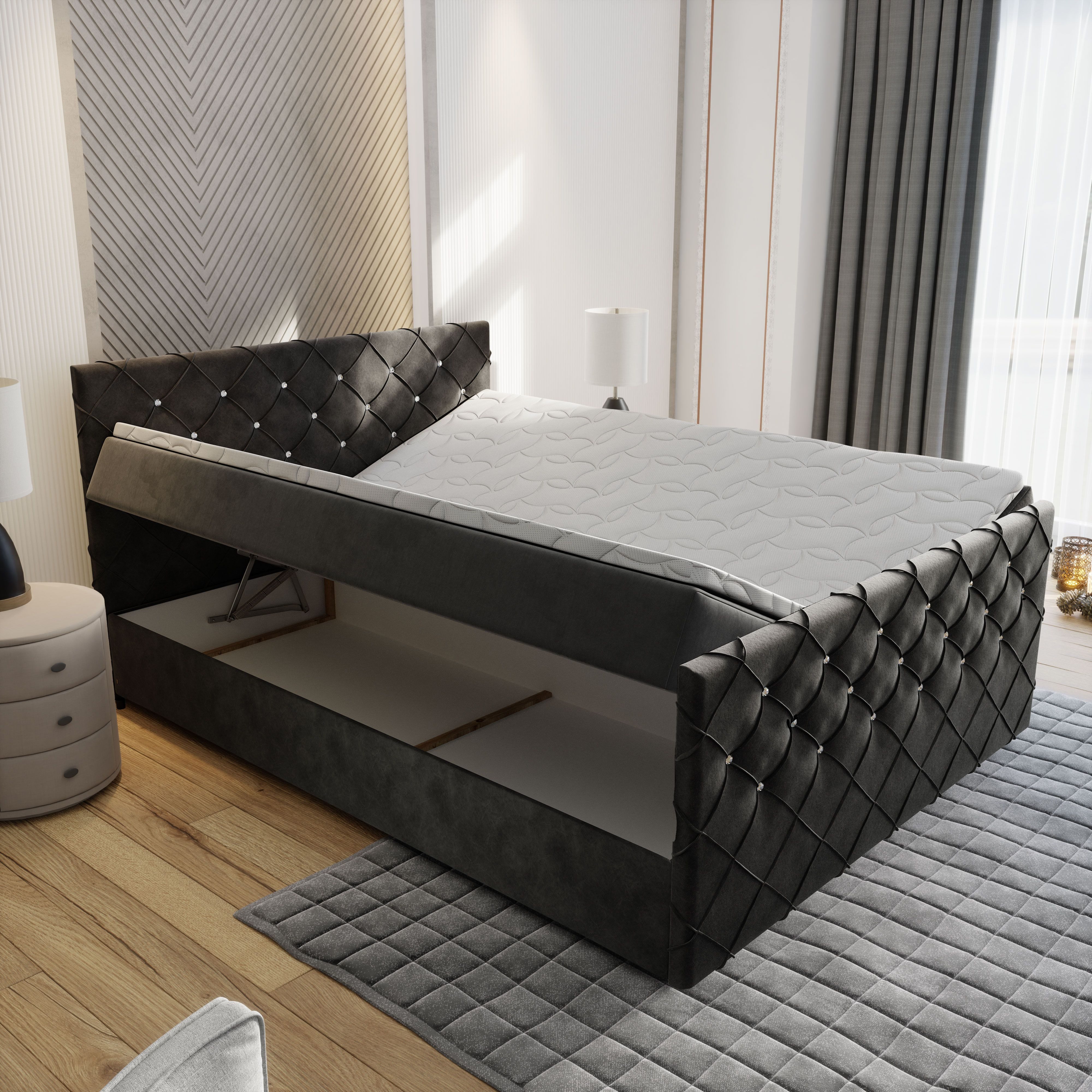 Masseno Boxbett MANDI 140x200 cm mit Bonell Matratze und Topper, Doppelbett, Polsterbett mit Kopfteil, Boxspringbett