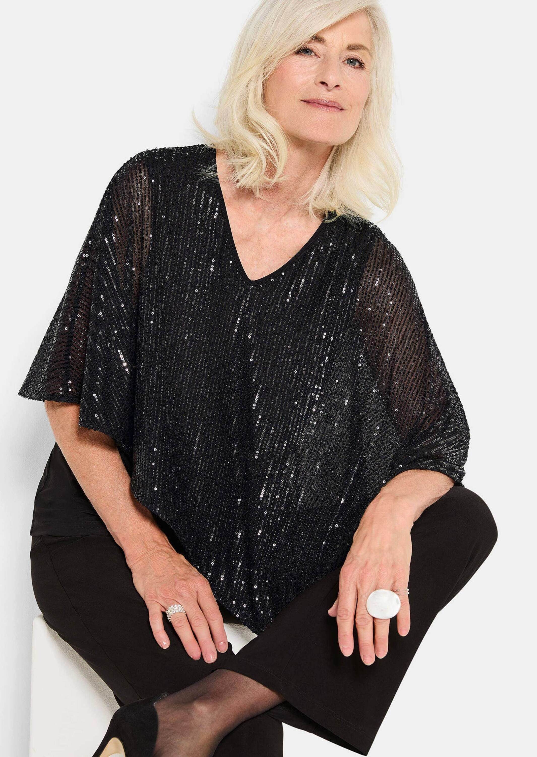 GOLDNER Print-Shirt Elegantes, semitransparentes Oberteil Edle Bluse mit 3/4-Arm, asymmetrischer Überwurf mit Glitzer-Details