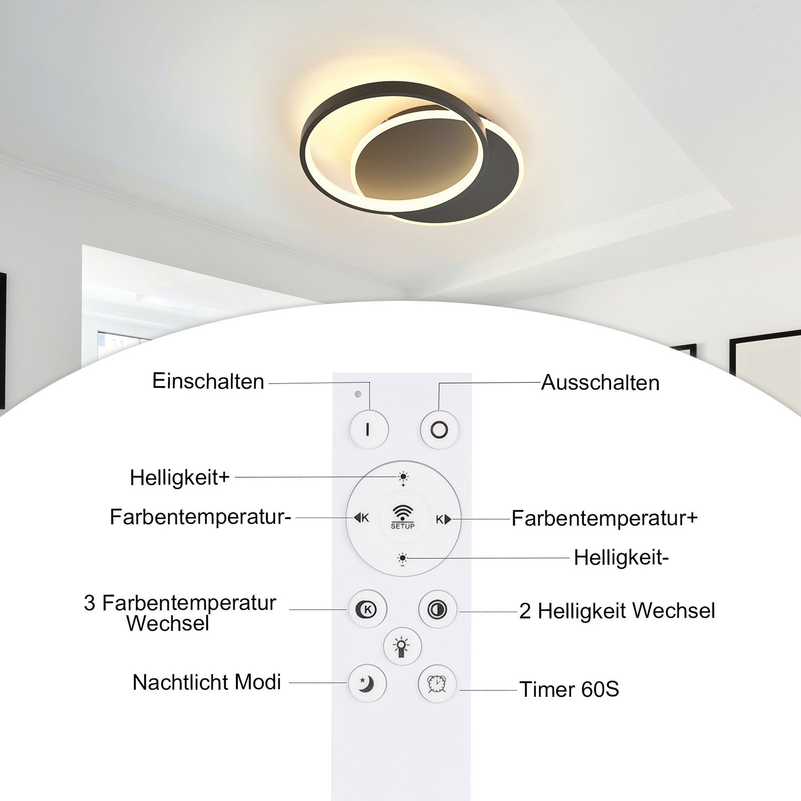 ZMH LED schwarz integriert, fest 35W, 2800lm 2 Deckenlampe Dimmbar Wohnzimmer Deckenleuchte Rund Ring, Tageslichtweiß, LED mit
