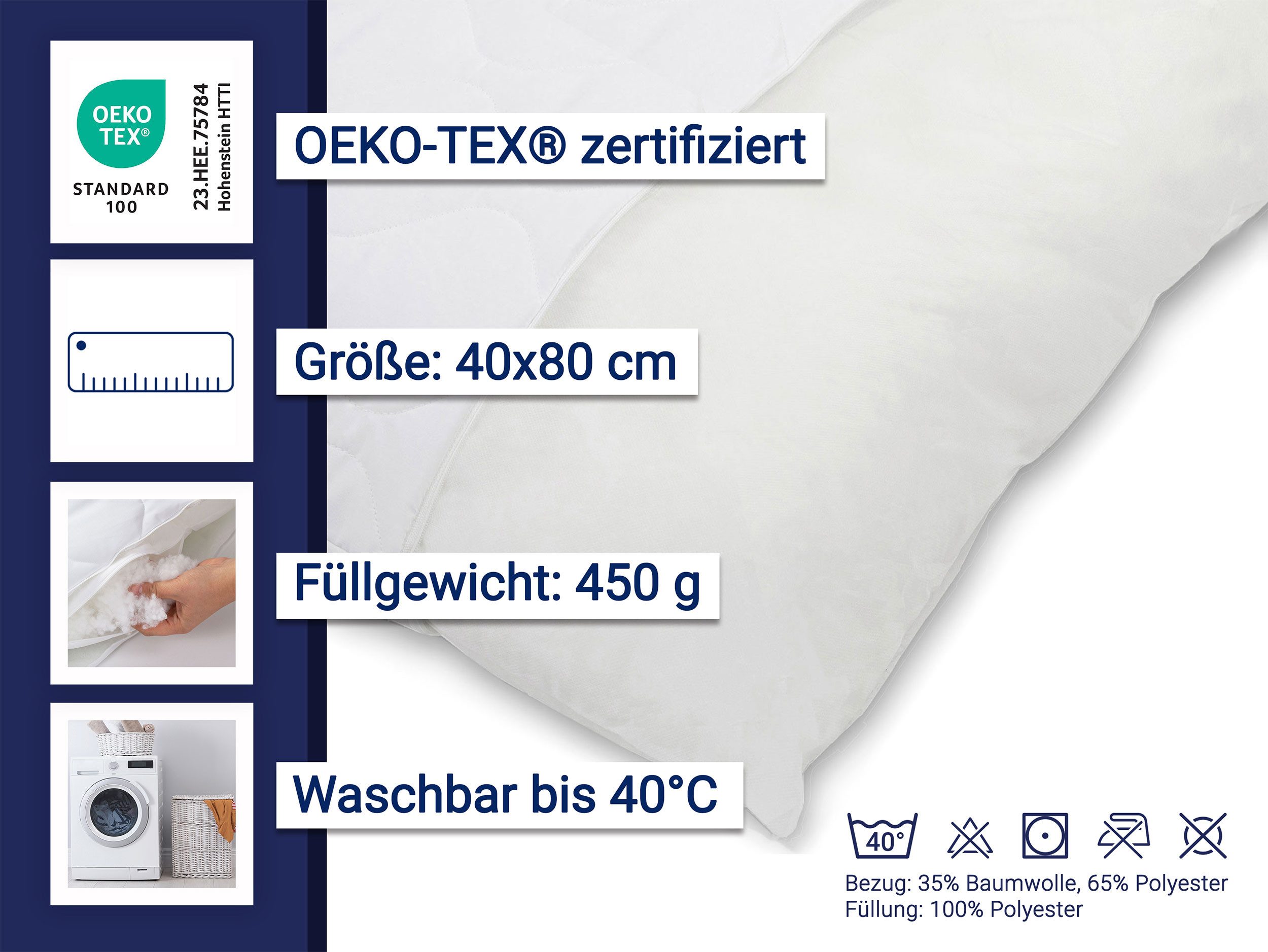 ZOLLNER Kopfkissen, Füllung: 100% Hochbauschpolyester, Bezug: 35% Baumwolle, 65% Polyester, Bauch-, Seiten-, Rückenschläfer, 40 x 80 cm, 35% Baumwolle, 65% Polyester, Hotelwäschespezialist