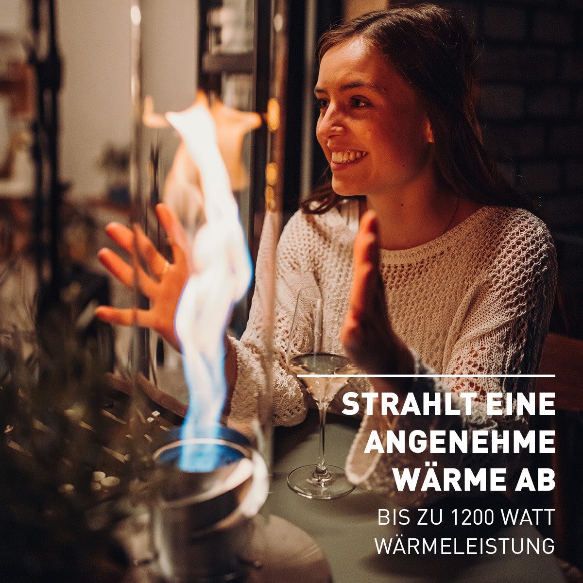 höfats Tischfeuer SPIN 90, 120 (Tischfeuer, Windlicht, Gartenfackel und Bioethanolkamin aus Edelstahl, Tischkamin für Indoor und Outdoor), strahlt angenehme Wärme ab
