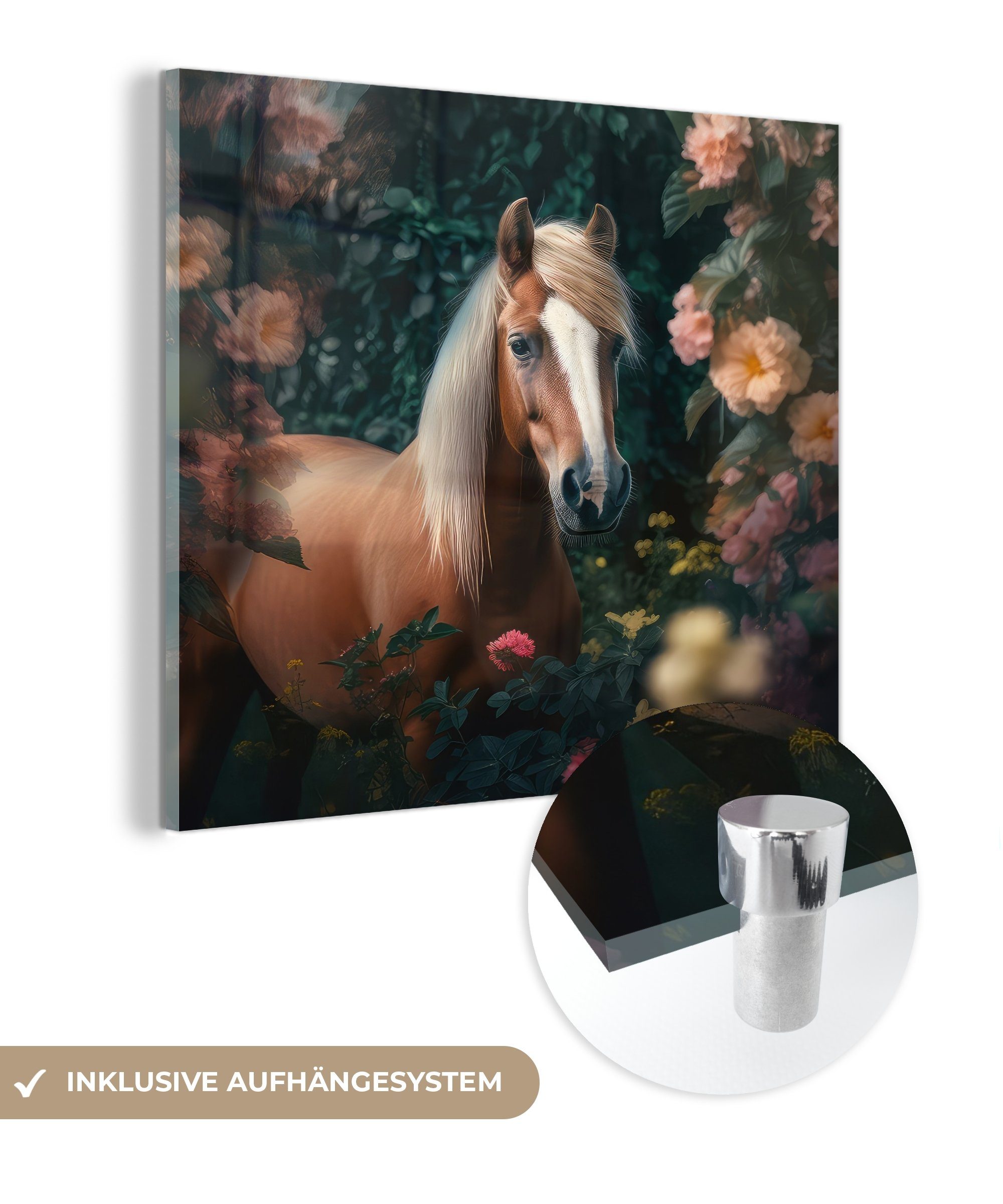 MuchoWow Acrylglasbild Pferd - Natur - Blumen - Wald - Tiere, (1 St), Glasbilder - Bilder auf Glas Wandbild - Foto auf Glas - Wanddekoration
