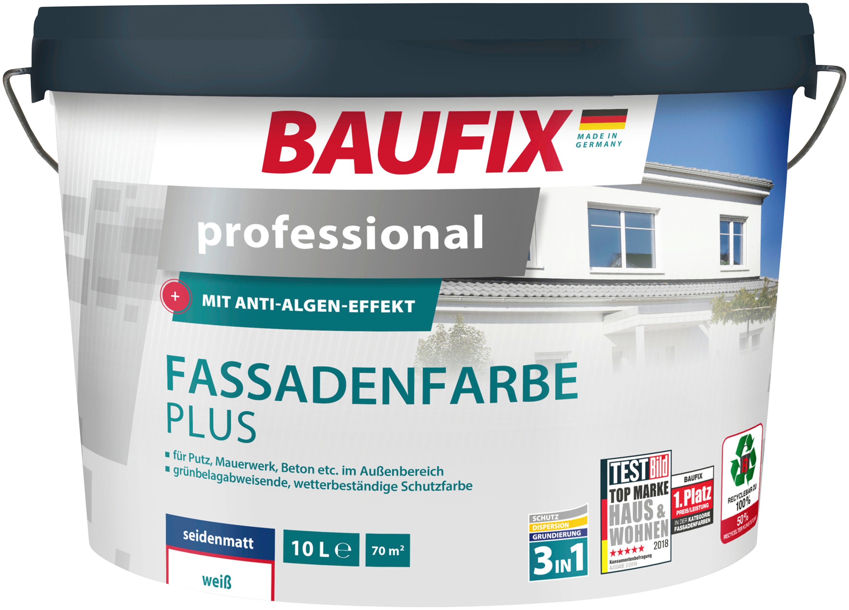 scheuerbeständig, 10L Fassadenfarbe weiß lösemittelfrei, Fassadenfarbe seidenmatt, wetterbeständig, Plus, professional Baufix