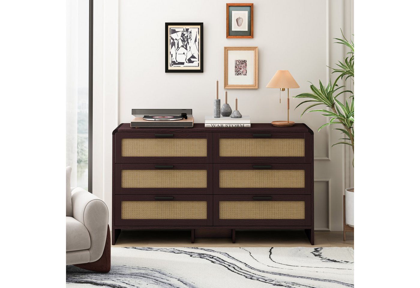 Celya Kommode 130cm Kommode mit 6 Schubladen, mit schubladen, Rattanschrank (kommoden für schlafzimmer, Braun), Arc Shaped Corner Rattan Cabinet