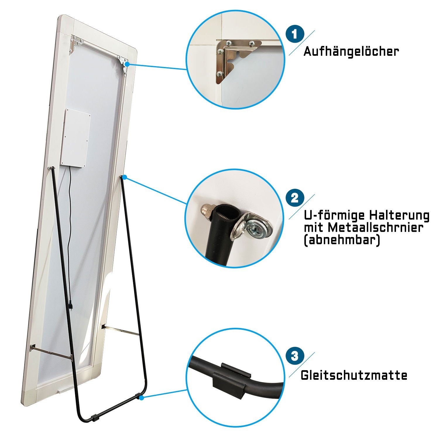 Standspiegel duschspa Stecker dimmbar, Memory, LED Warm/Neutral/Kaltweß, Wandspiegel Hängespiegel 150/160cm, mit mit Ganzkörperspiegel Beleuchtung