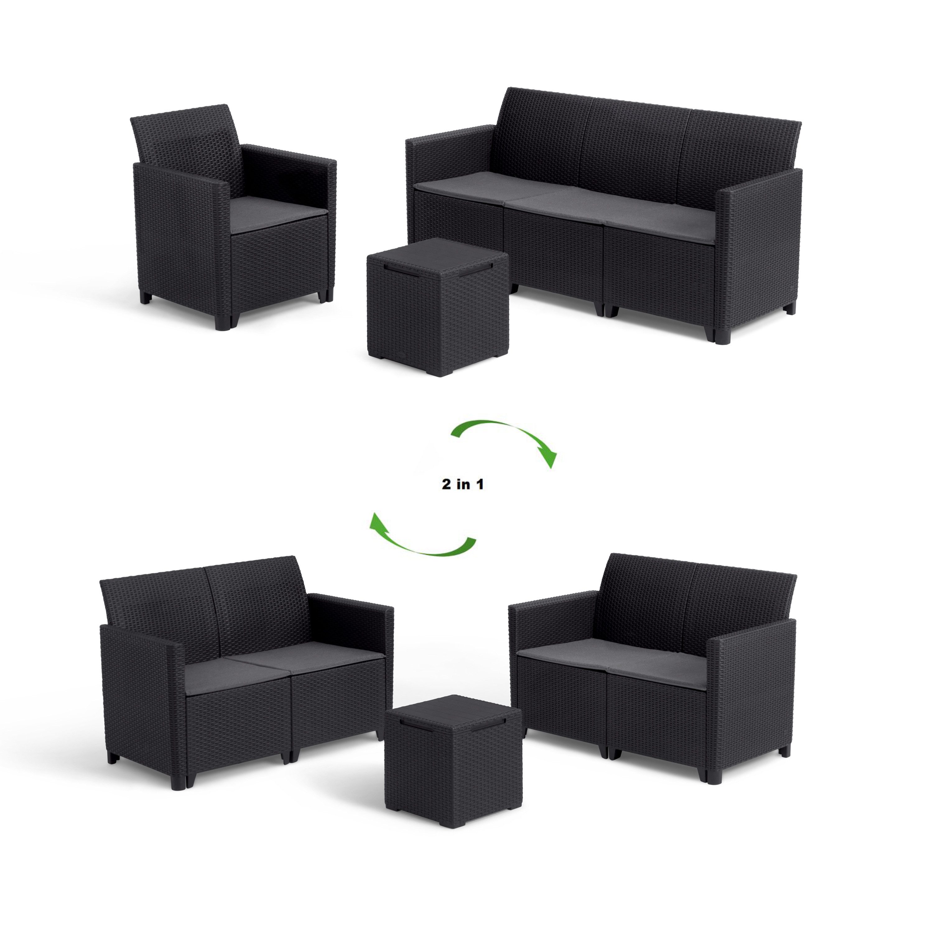 Keter Gartenlounge-Set "Marie", (Set, 2x Sitzmöbel, 1x Tisch), wandelbar, 2x 2-Sofa oder 3-Sofa + Sessel