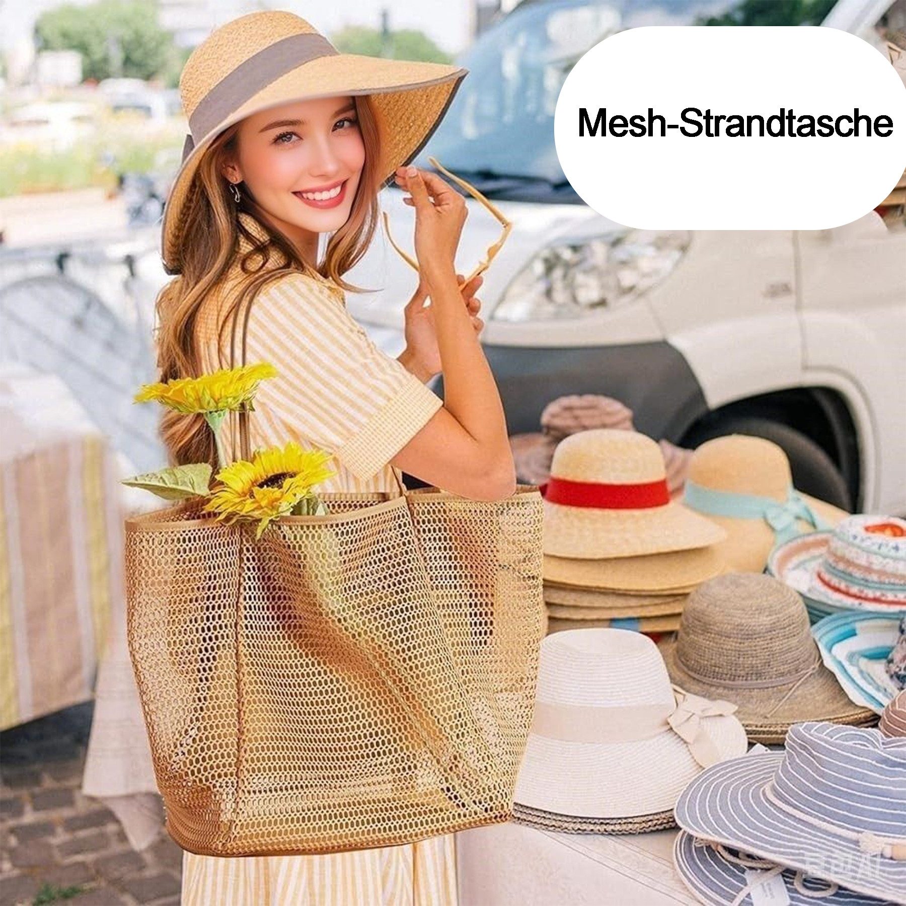 Mutig Strandtasche Strandtasche Groß, Mesh mit Reißverschluss Shopper Damen Badetasche (Handtasche mit Reißverschluss Wasserdicht Sanddicht, Damen 15L, Faltbar für Damen, Strand, Pool, Urlaub, Fitnessstudio & Familie)
