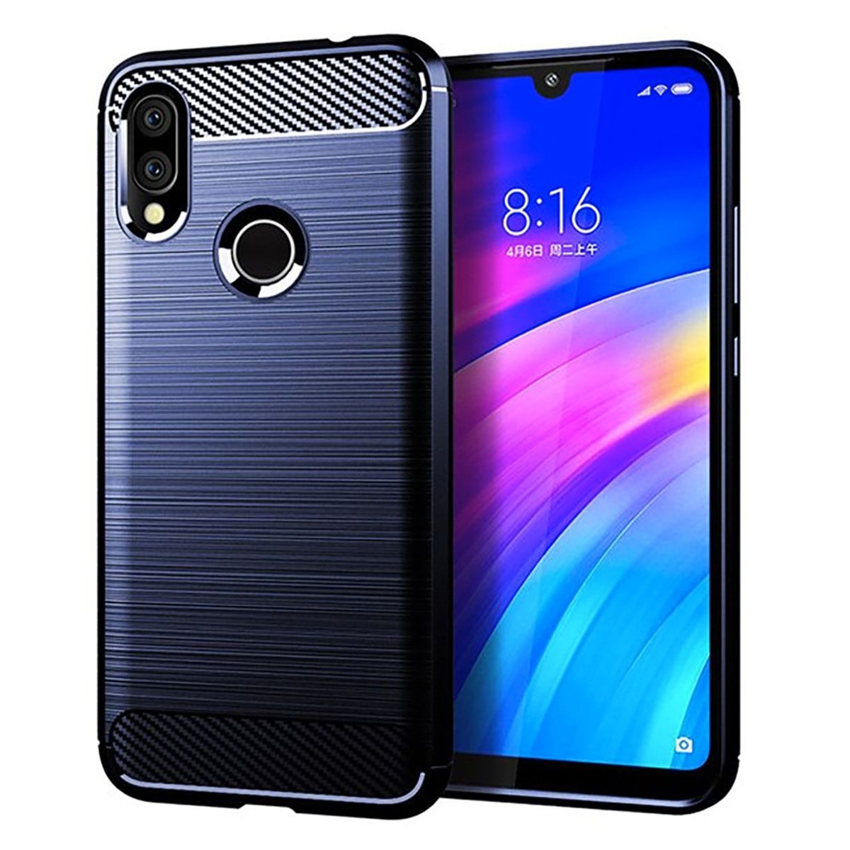 König Design Handyhülle Xiaomi Redmi 7, Xiaomi Redmi 7 Handyhülle Carbon Optik Backcover Blau