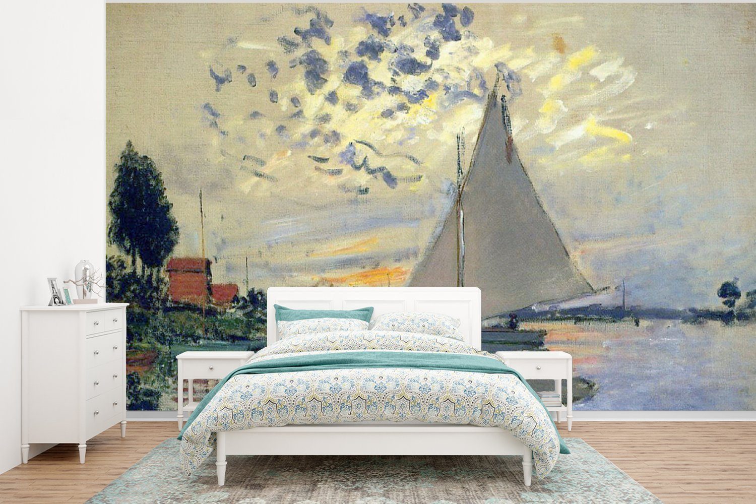 MuchoWow Fototapete Segelboot bei Le Petit-Gennevilliers - Gemälde von Claude Monet, Matt, bedruckt, (6 St), Wallpaper für Wohnzimmer, Schlafzimmer, Kinderzimmer, Vinyl Tapete