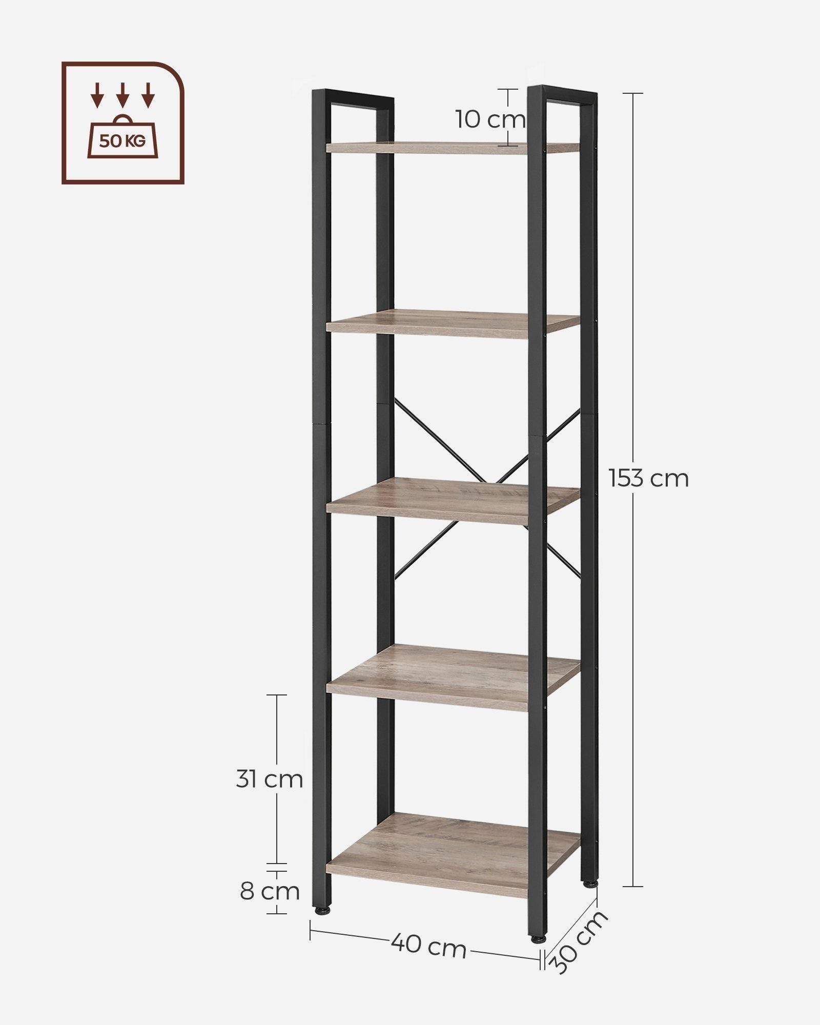 VASAGLE Bücherregal, Stahlgestell, Kippschutz, H: greige 154-178,5 cm