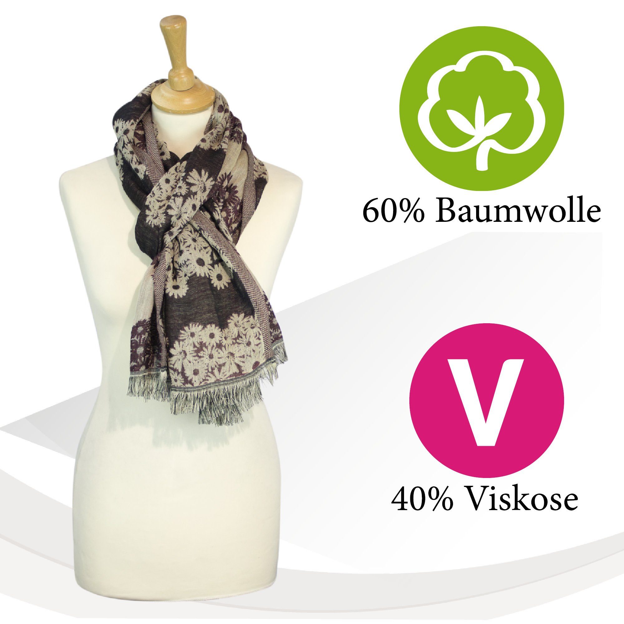 Sunsa Modeschal Winterschal aus 60% Baumwolle/40% Viskose mit Blumen Design, Blumen Design
