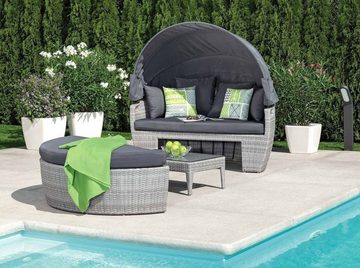 Outdoor Gartenlounge-Set LAURIS, mit Bank & Tisch, Grau, Kunststoffgeflecht, (3-tlg), mit Sitz- und Rückenkissen, Stahlrahmen