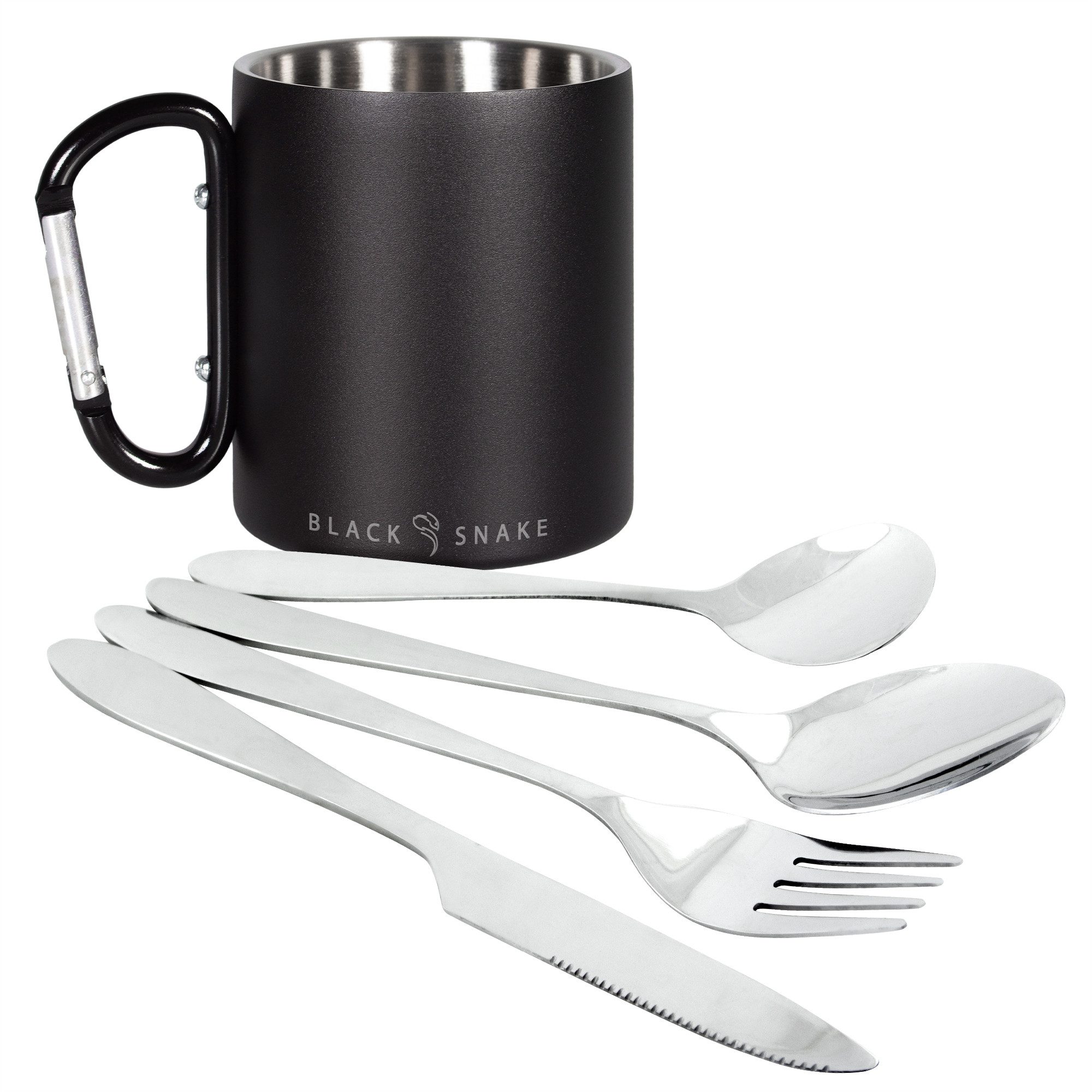 Black Snake Besteck-Set Thermotasse mit Karabinerhaken und Lunch-Besteck im Neopren-Etui (2-tlg), Edelstahl, Außen schwarz beschichtet und innen gebürstet mit Black Snake Gravur