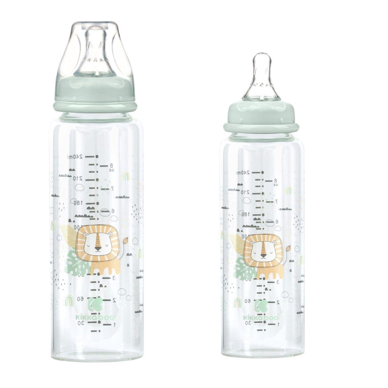 Kikkaboo Babyflasche Baby Glasflasche Savanna 240ml, Silikonsauger Größe M, Anti-Kolik grün