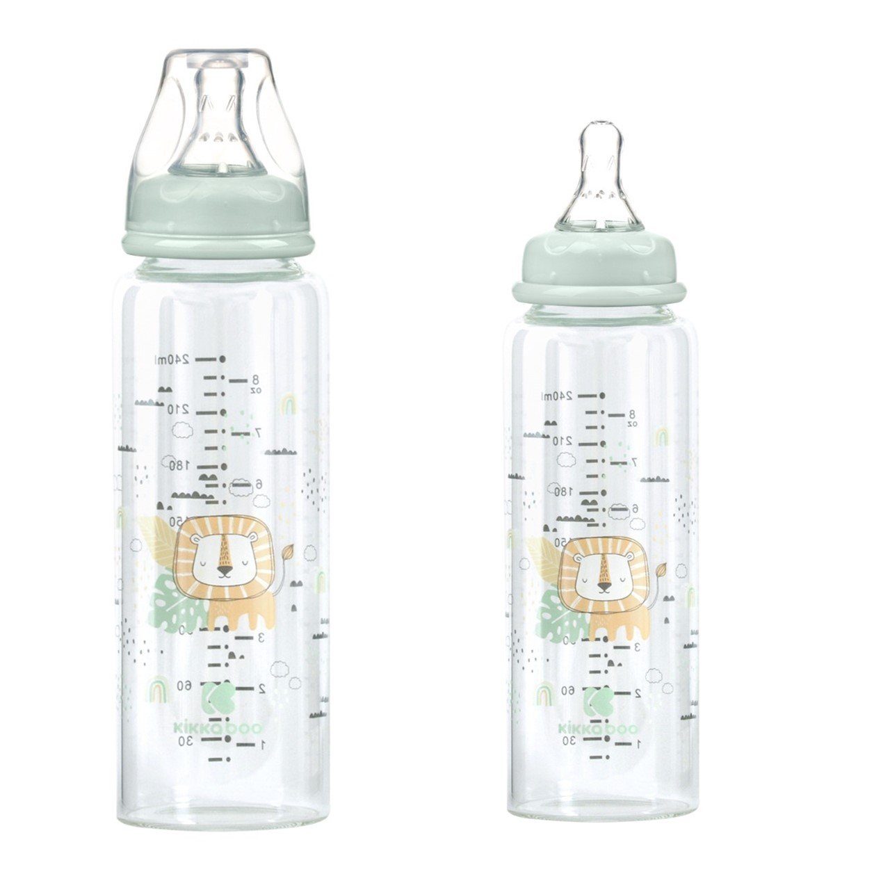 M, Baby Savanna grün 240ml, Silikonsauger Babyflasche Glasflasche Größe Kikkaboo Anti-Kolik