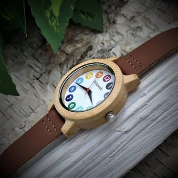 Holzwerk Quarzuhr RAINBOW BROWN bunte kleine Damen Leder & Holz Armband Uhr, braun