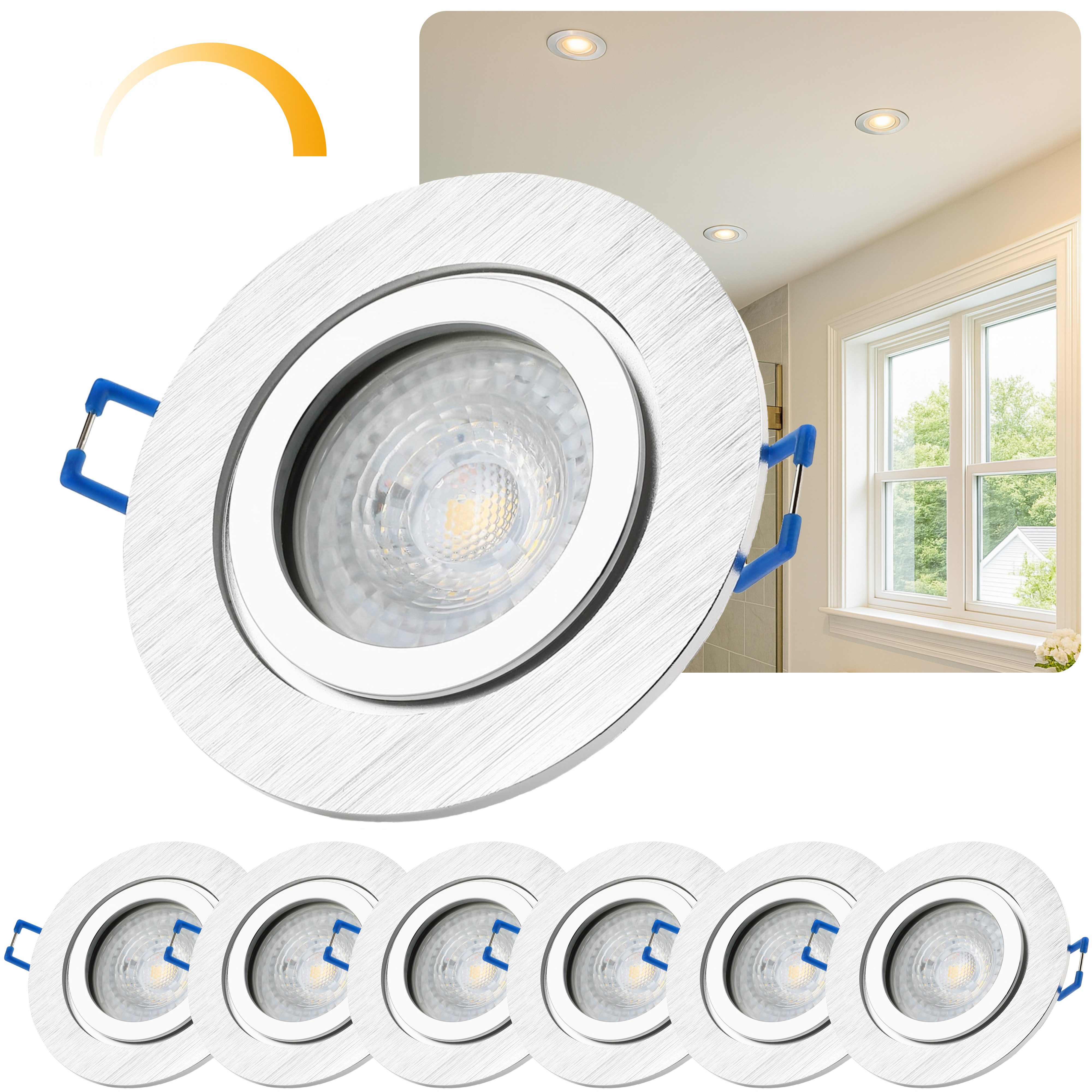 Sweet LED LED Einbaustrahler 6er Set IP44 Bad Aluminium GU10 7W LED Spots 230V Alu-gebürstet, Leuchtmittel wechselbar, 3000K - warmweiß, Deckenspots, Deckenstrahler, Einbauleuchten, spritzwassergeschützt