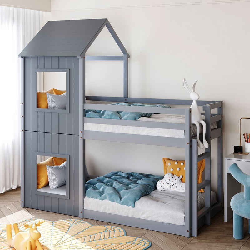 REDOM Kinderbett Hausbett Etagenbett (Hausbett für Mädchen und Jungen, Sicheres und durchdachtes Design Stabile Kiefernstruktur), mit Leiter & Baldachin, bodentief, massivholz, Schwarz