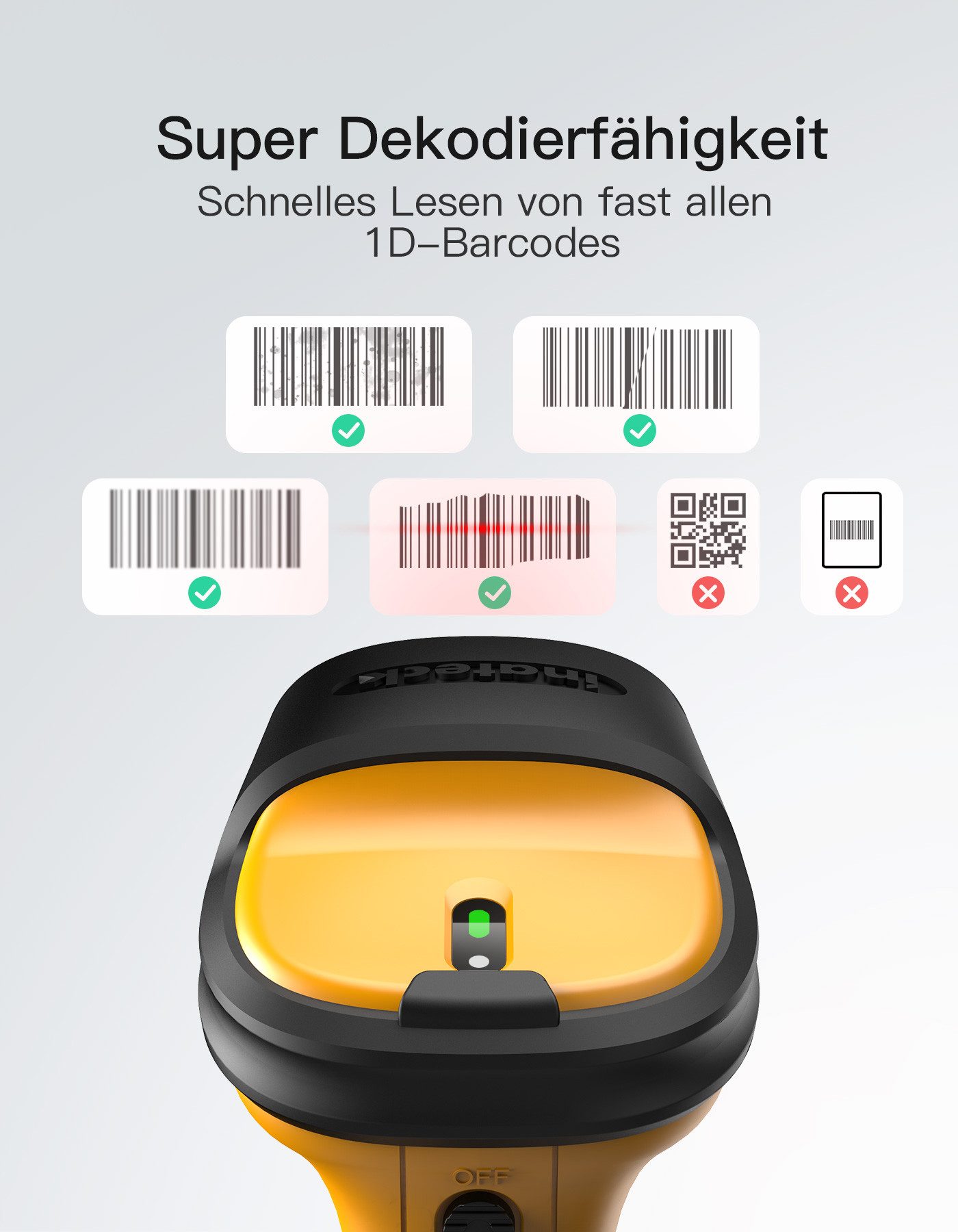 Inateck Barcode Scanner Wireless mit AI, Akku mit 2600 mAh, 60 m Reichweite Handscanner, (Automatisches Abtasten für Schnelles und Präzises Scannen)