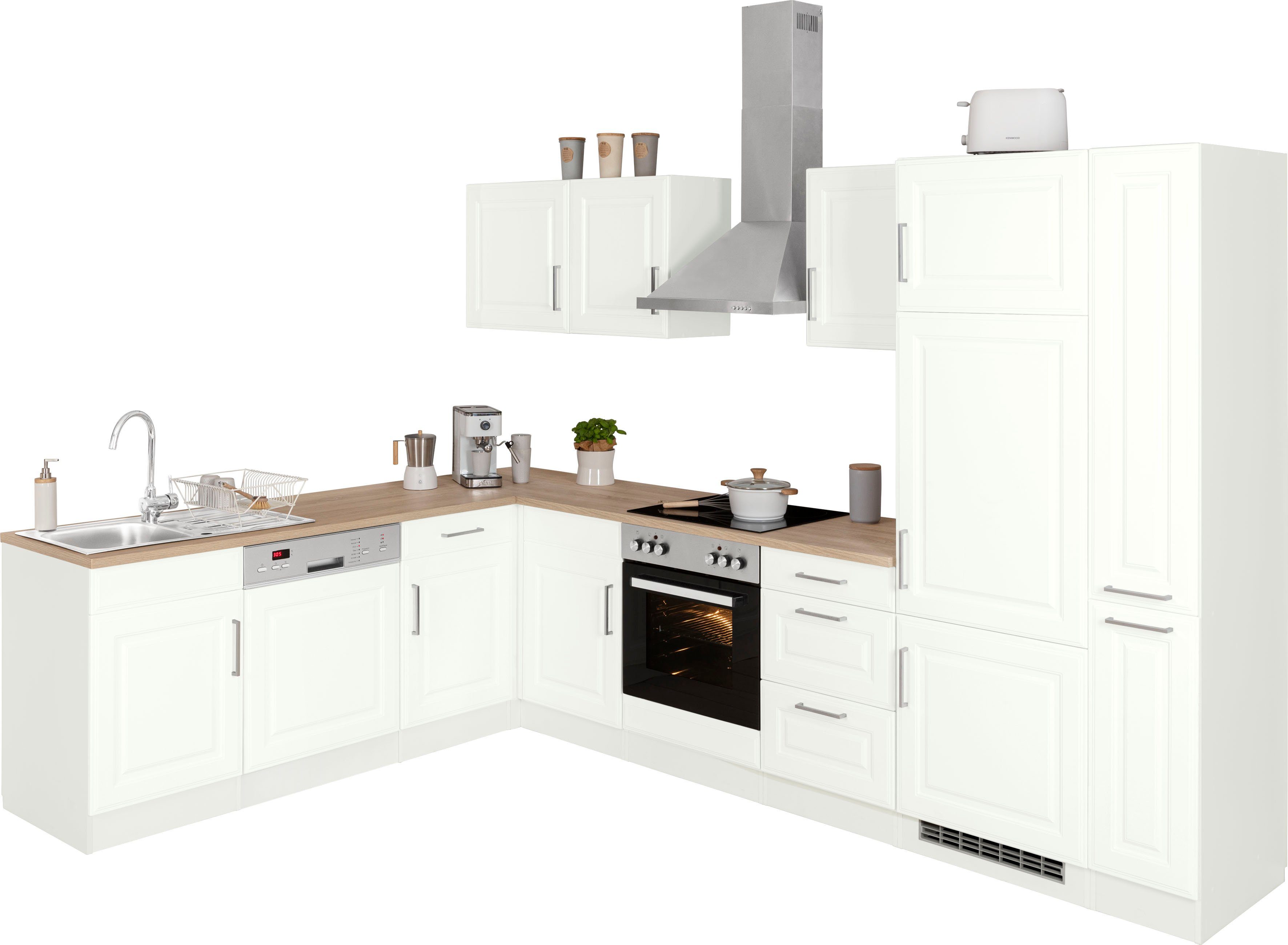 KOCHSTATION Winkelküche KS-Stockholm, Stellbreite 220/310 cm, mit hochwertigen MDF Fronten im Landhaus-Stil