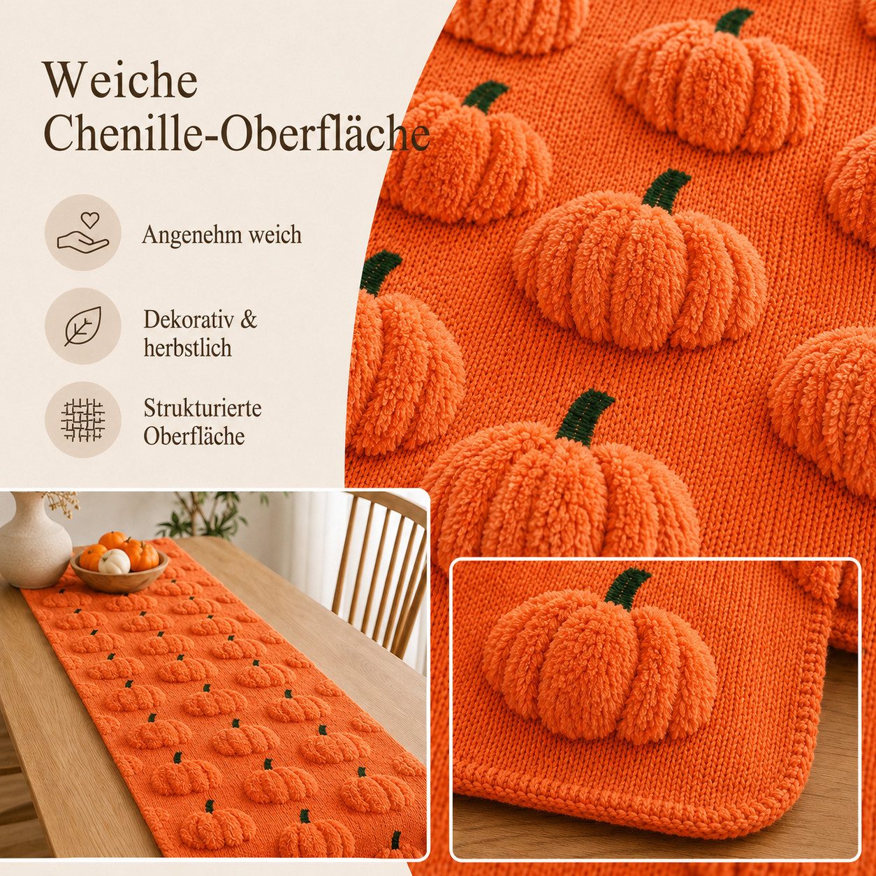 JASLIFE Tischläufer 3D Kürbis Herbstdeko (Einzelartikel, 1 Tischläufer), 3D-Kürbis-Motiv, flauschige Oberfläche, strukturierte Oberfläche – Bild 3 von 5