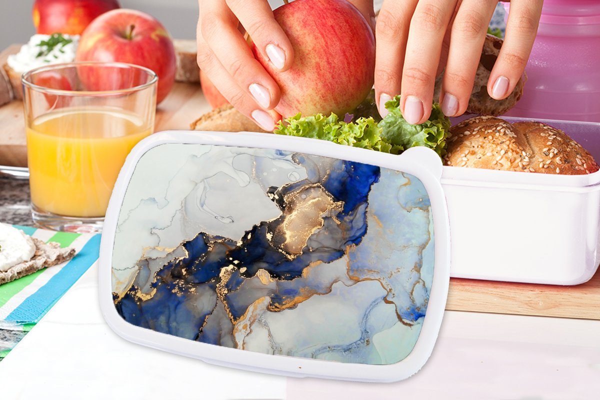 Marmor (2-tlg), Lunchbox MuchoWow Brotdose, - für - Blau Mädchen für weiß Gold, Brotbox Erwachsene, und Kinder und Kunststoff, Jungs